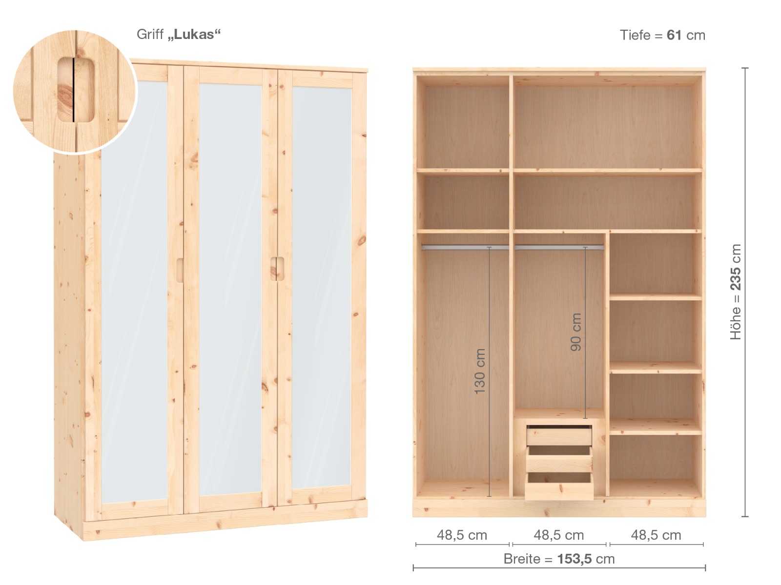 Zirbenschrank „Alpenrose“, 3-türig, Höhe 235 cm, Griffausführung „Lukas“, Inneneinrichtung D