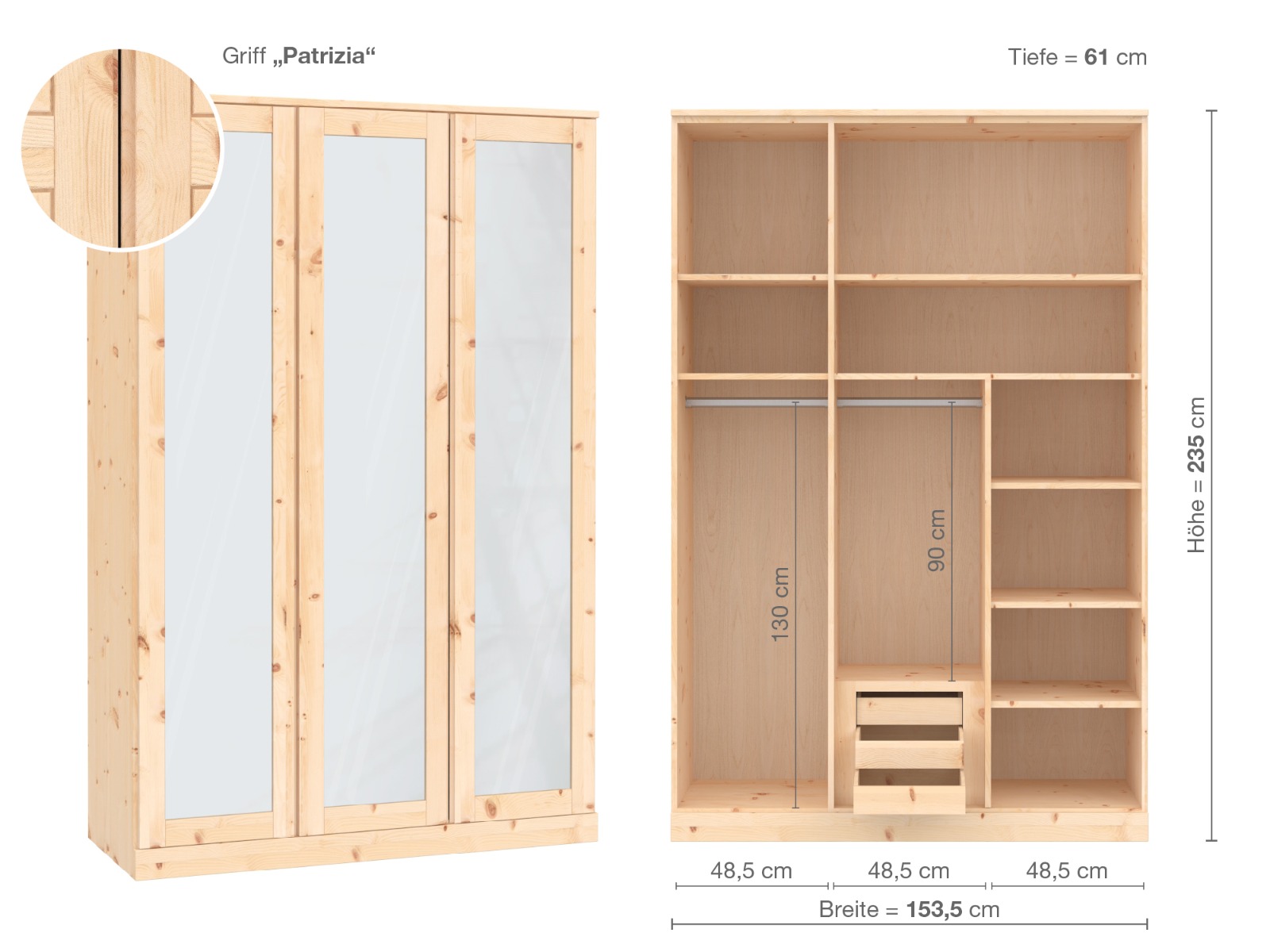 Zirbenschrank „Alpenrose“, 3-türig, Höhe 235 cm, Griffausführung „Patrizia“, Inneneinrichtung D