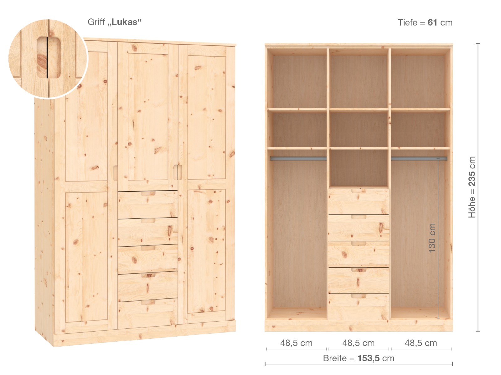 Zirbenschrank „Edelweiß“, 3-türig, Höhe 235 cm, Griffausführung „Lukas“, Inneneinrichtung E