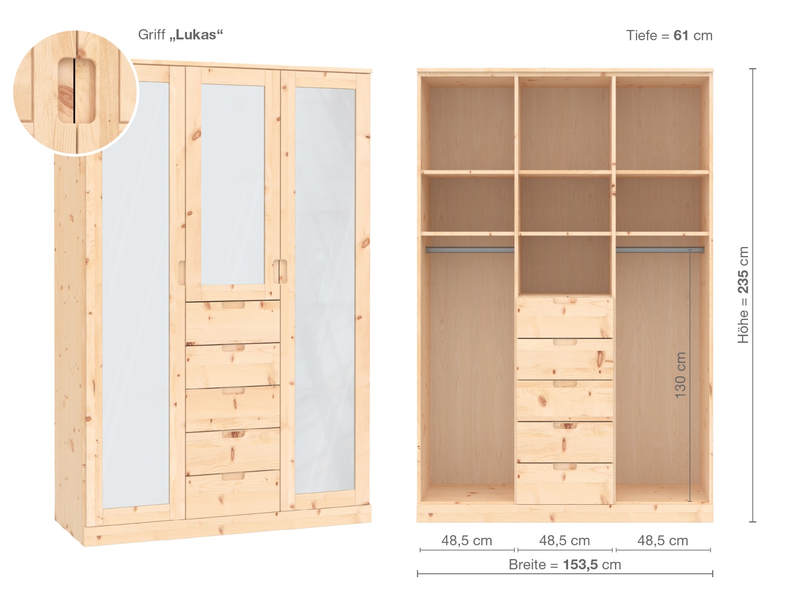 Zirbenschrank „Alpenrose“, 3-türig, Höhe 235 cm, Griffausführung „Lukas“, Inneneinrichtung E