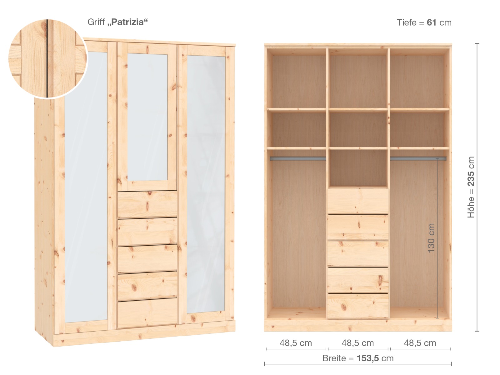 Zirbenschrank „Alpenrose“, 3-türig, Höhe 235 cm, Griffausführung „Patrizia“, Inneneinrichtung E