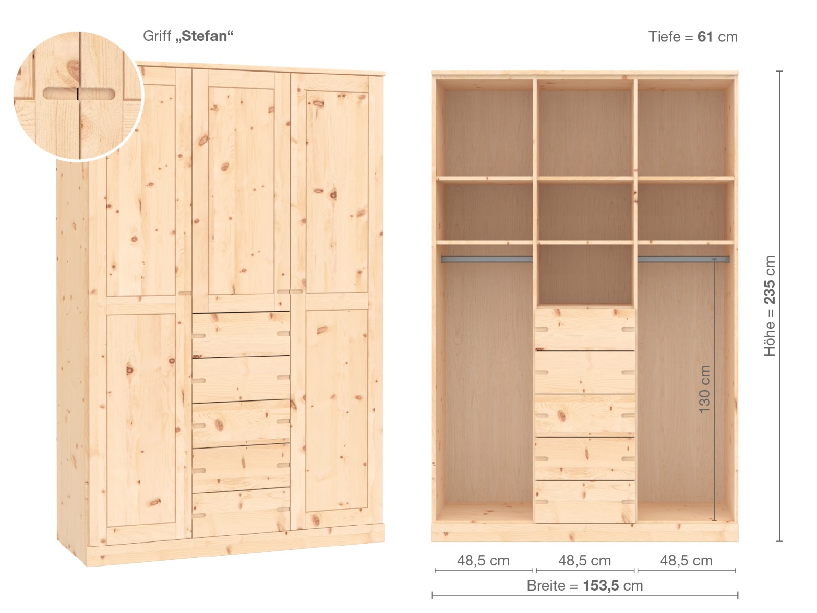 Zirbenschrank „Edelweiß“, 3-türig, Höhe 235 cm, Griffausführung „Stefan“, Inneneinrichtung E