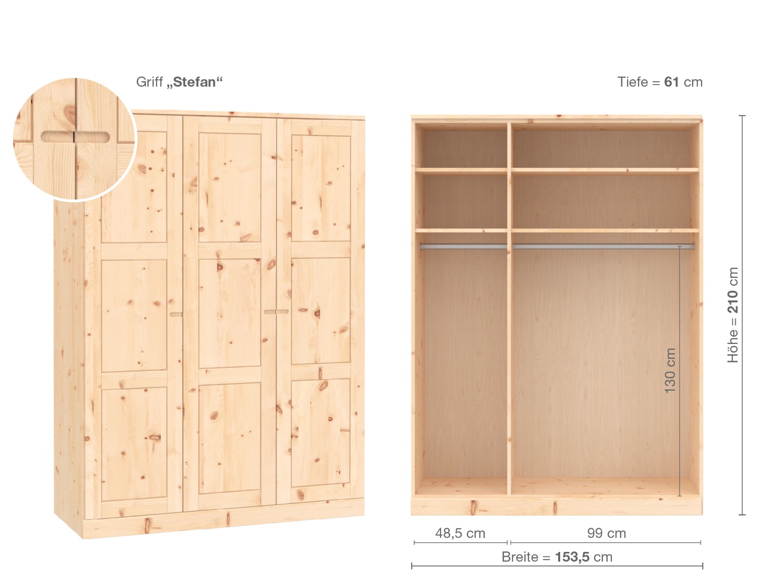 Zirbenschrank „Enzian“, 3-türig, Höhe 210 cm, Griffausführung „Stefan“, Inneneinrichtung A