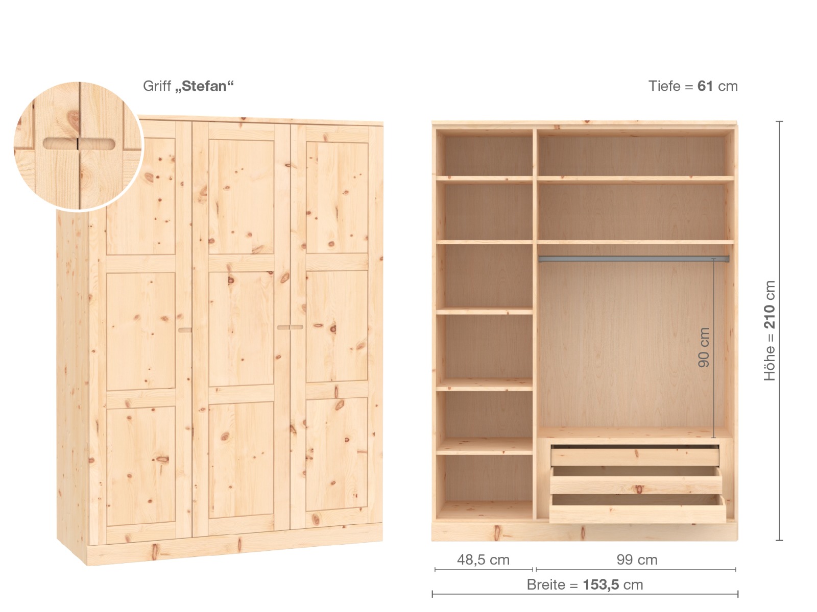 Zirbenschrank „Enzian“, 3-türig, Höhe 210 cm, Griffausführung „Stefan“, Inneneinrichtung C