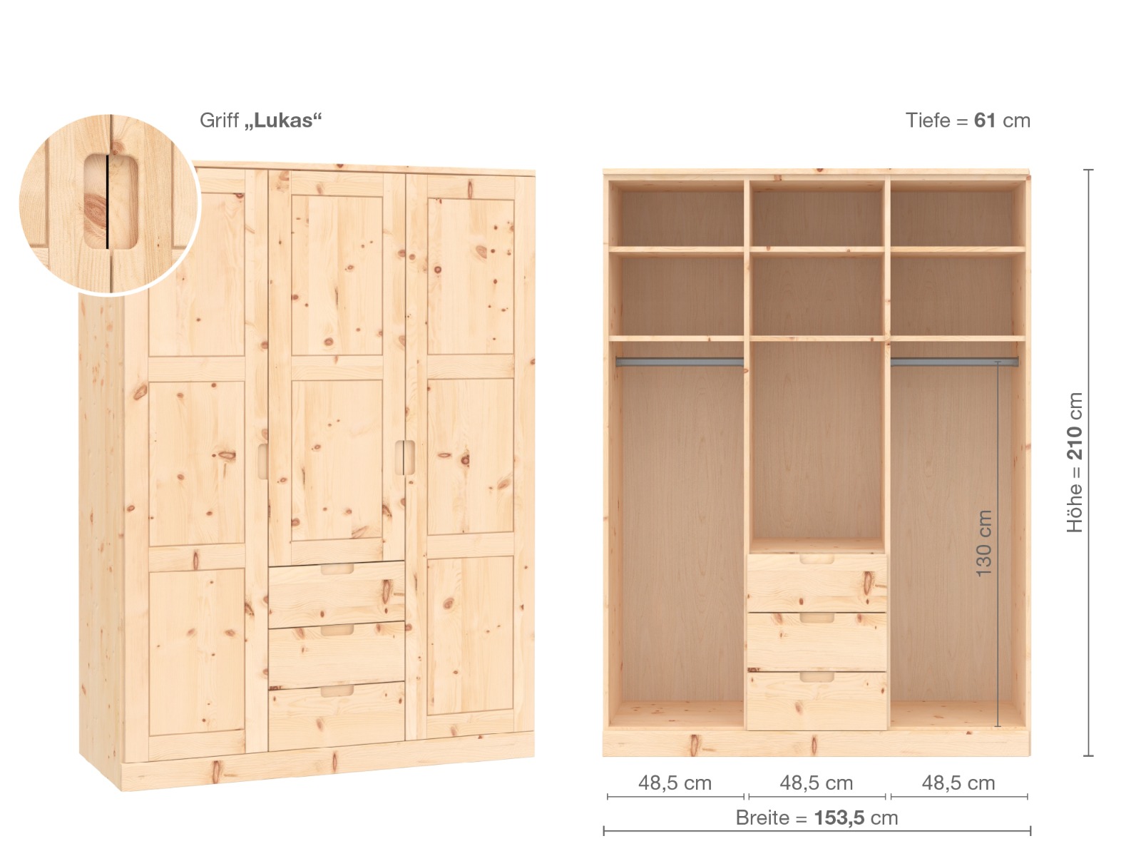 Zirbenschrank „Enzian“, 3-türig, Höhe 210 cm, Griffausführung „Lukas“, Inneneinrichtung E