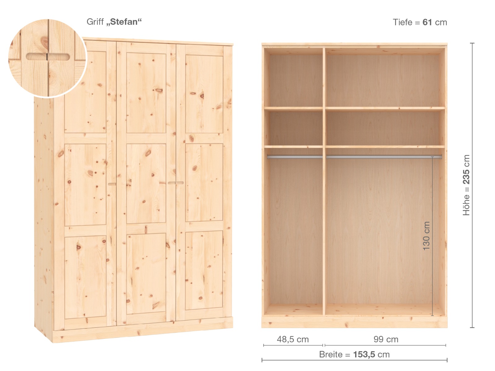 Zirbenschrank „Enzian“, 3-türig, Höhe 235 cm, Griffausführung „Stefan“, Inneneinrichtung A