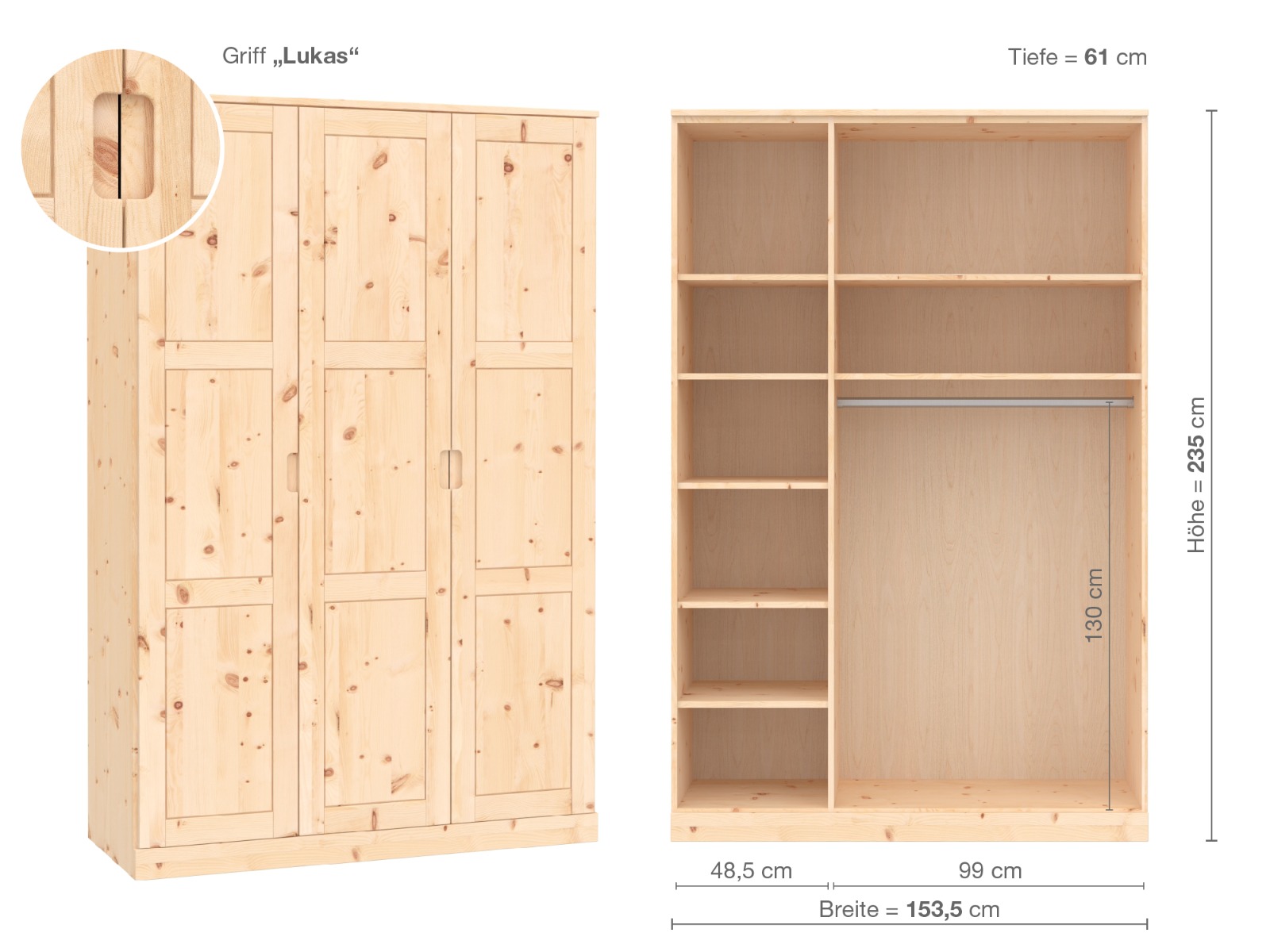 Zirbenschrank „Enzian“, 3-türig, Höhe 235 cm, Griffausführung „Lukas“, Inneneinrichtung B