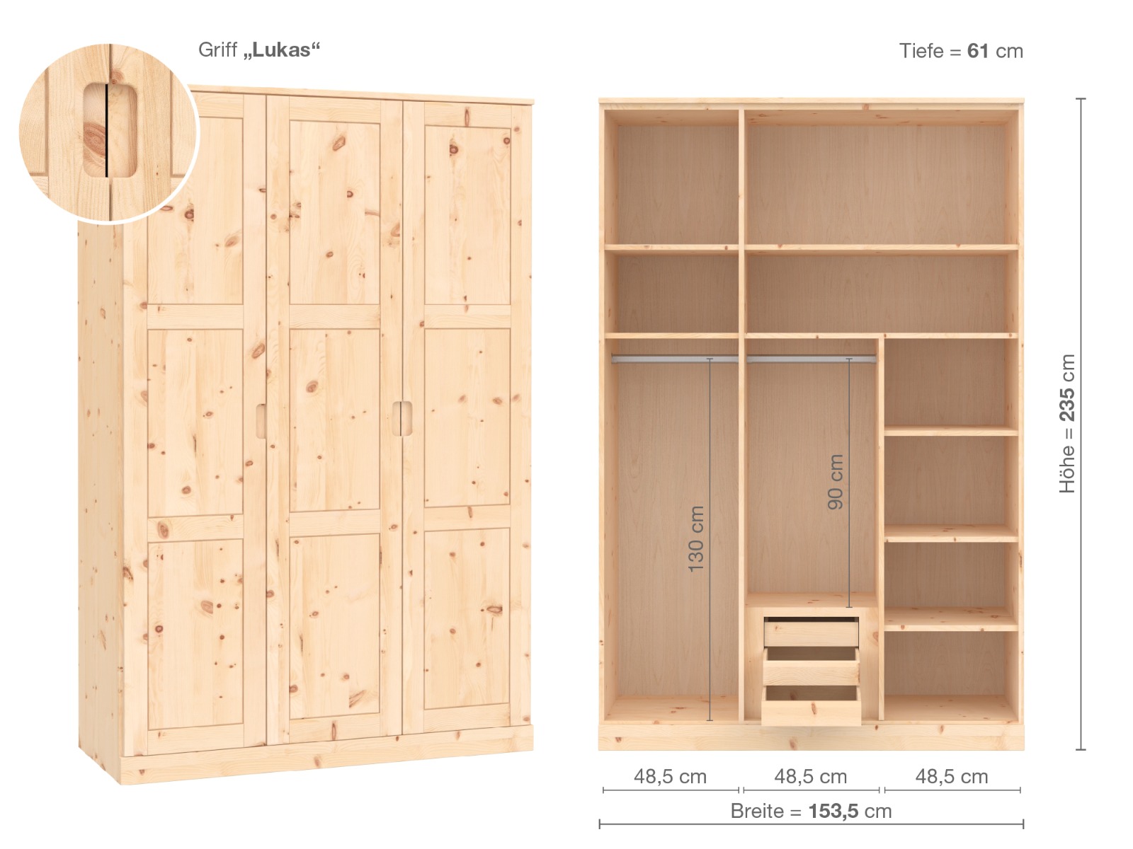 Zirbenschrank „Enzian“, 3-türig, Höhe 235 cm, Griffausführung „Lukas“, Inneneinrichtung D