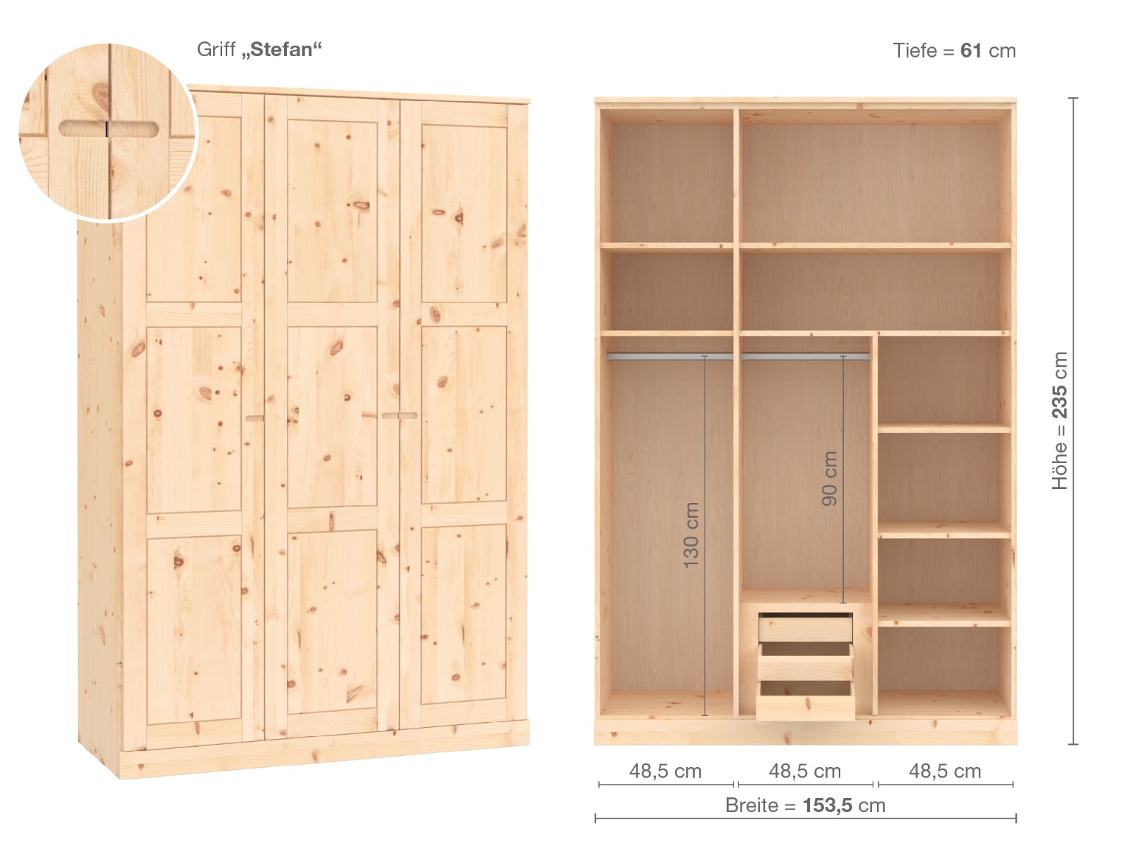 Zirbenschrank „Enzian“, 3-türig, Höhe 235 cm, Griffausführung „Stefan“, Inneneinrichtung D