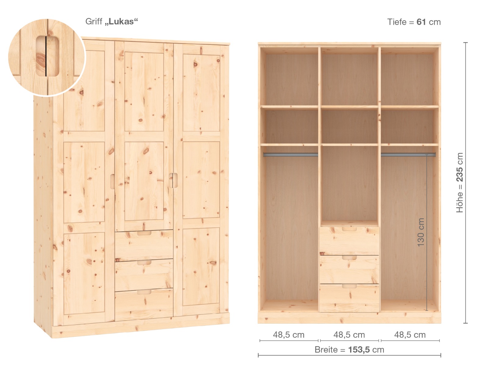 Zirbenschrank „Enzian“, 3-türig, Höhe 235 cm, Griffausführung „Lukas“, Inneneinrichtung E