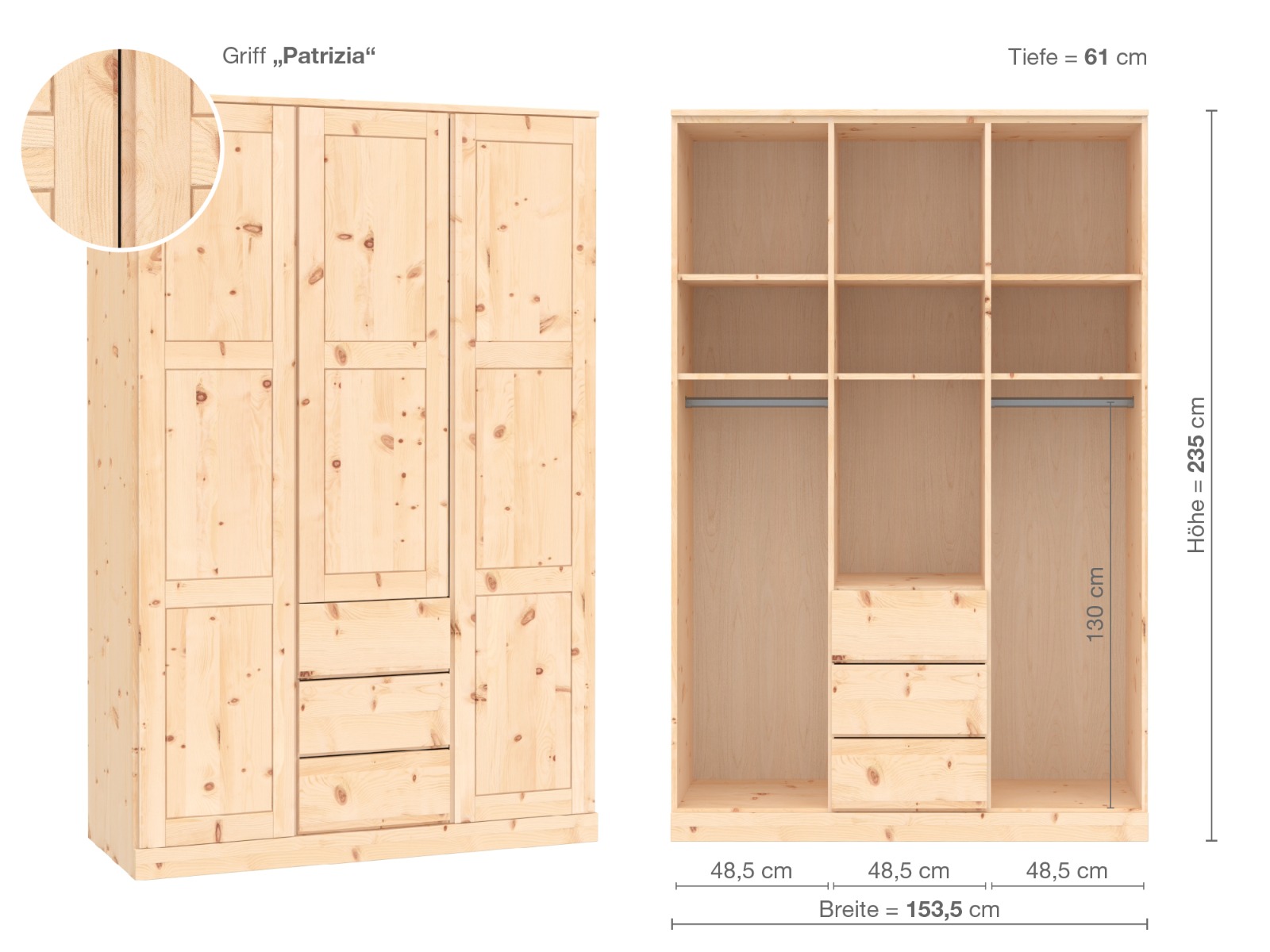 Zirbenschrank „Enzian“, 3-türig, Höhe 235 cm, Griffausführung „Patrizia“, Inneneinrichtung E