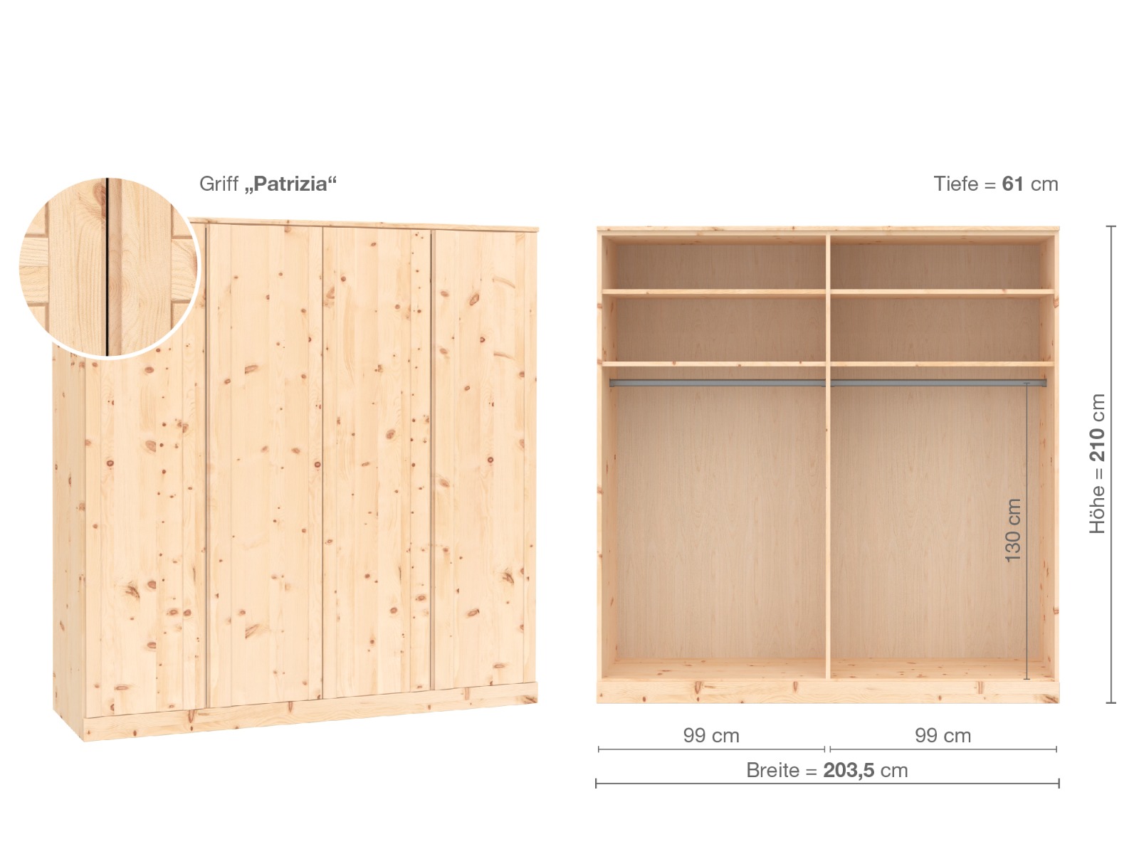 Zirbenschrank „Arnika“, 4-türig, Höhe 210 cm, Griffausführung „Patrizia“, Inneneinrichtung A