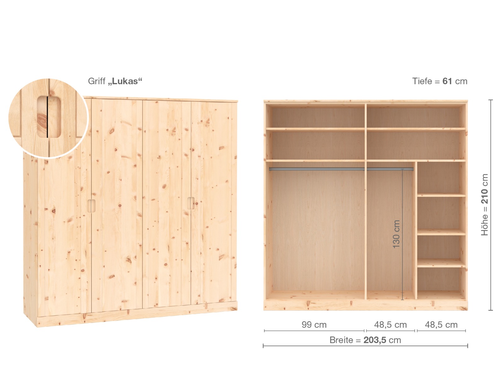 Zirbenschrank „Arnika“, 4-türig, Höhe 210 cm, Griffausführung „Lukas“, Inneneinrichtung B