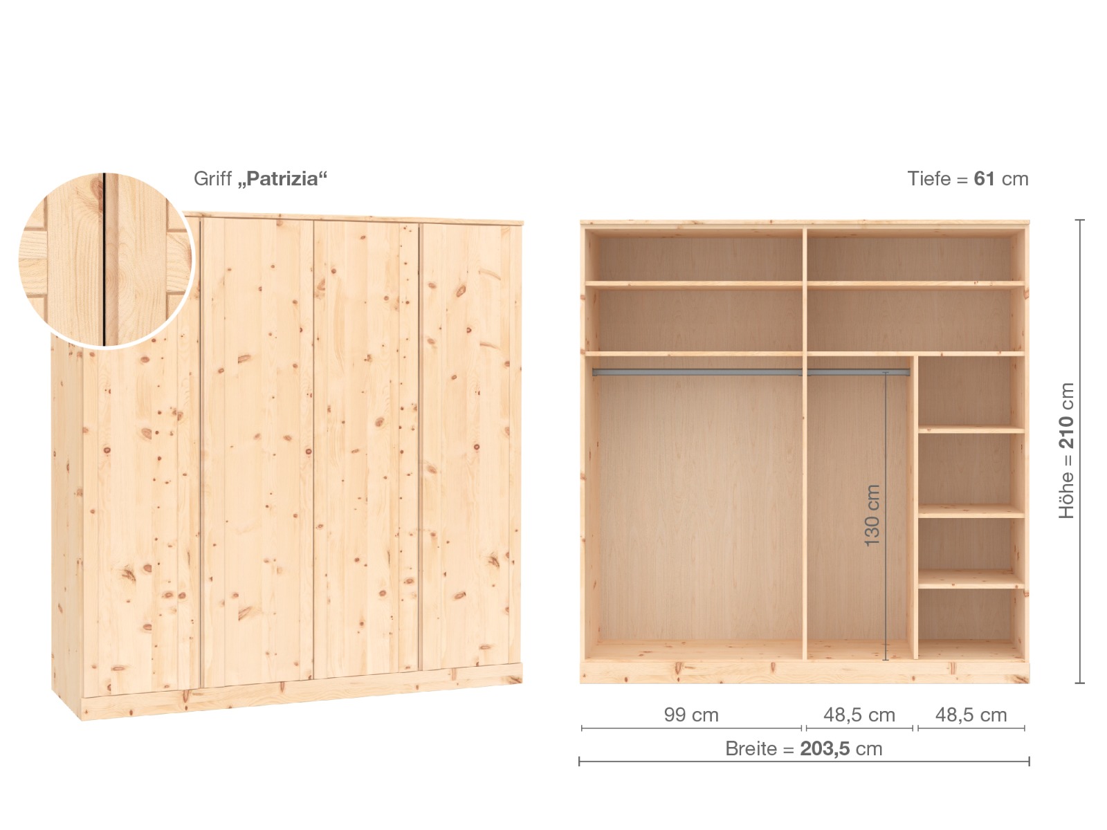 Zirbenschrank „Arnika“, 4-türig, Höhe 210 cm, Griffausführung „Patrizia“, Inneneinrichtung B