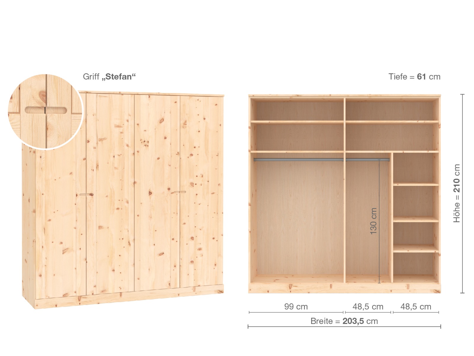 Zirbenschrank „Arnika“, 4-türig, Höhe 210 cm, Griffausführung „Stefan“, Inneneinrichtung B