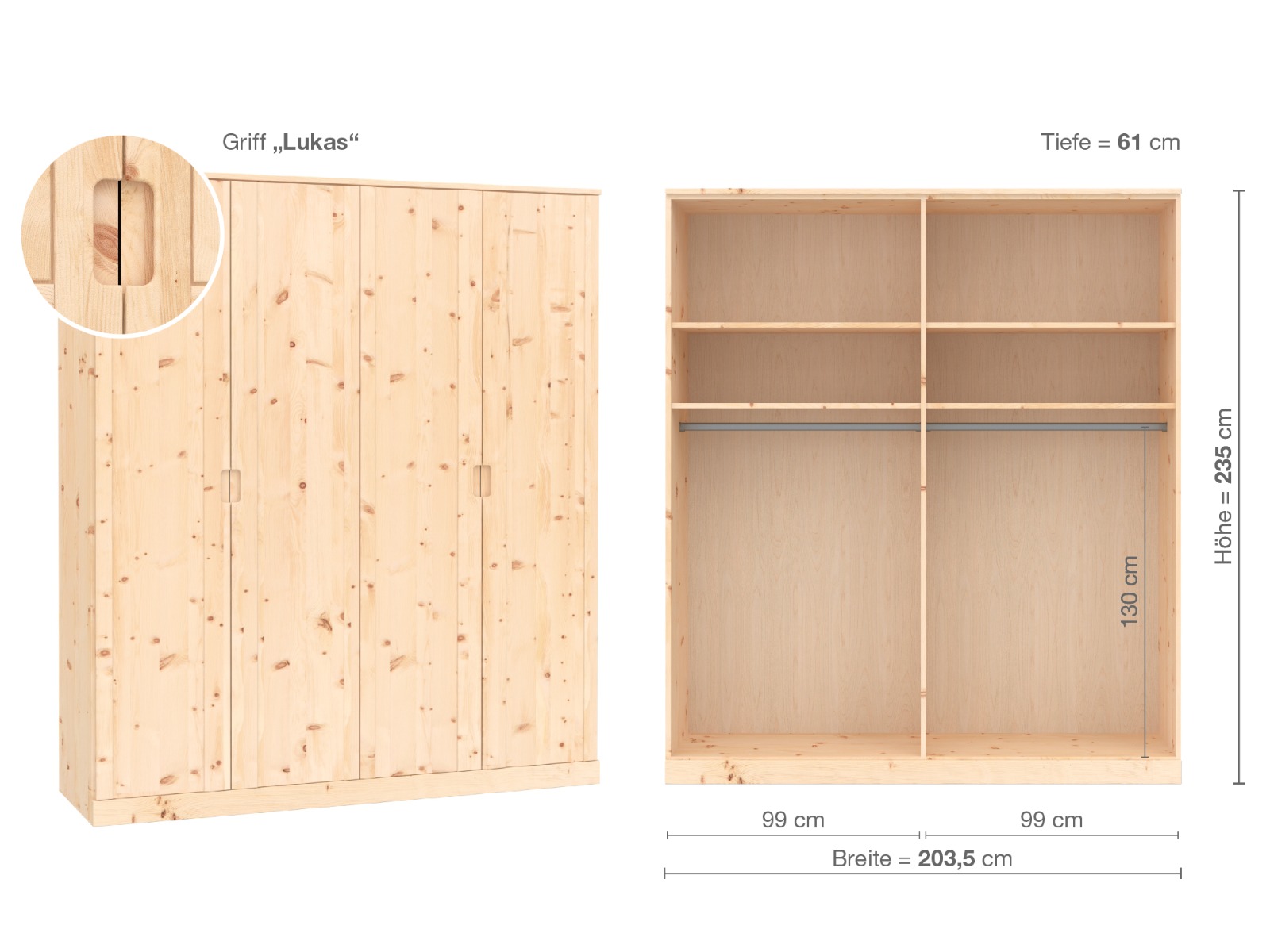 Zirbenschrank „Arnika“, 4-türig, Höhe 235 cm, Griffausführung „Lukas“, Inneneinrichtung A