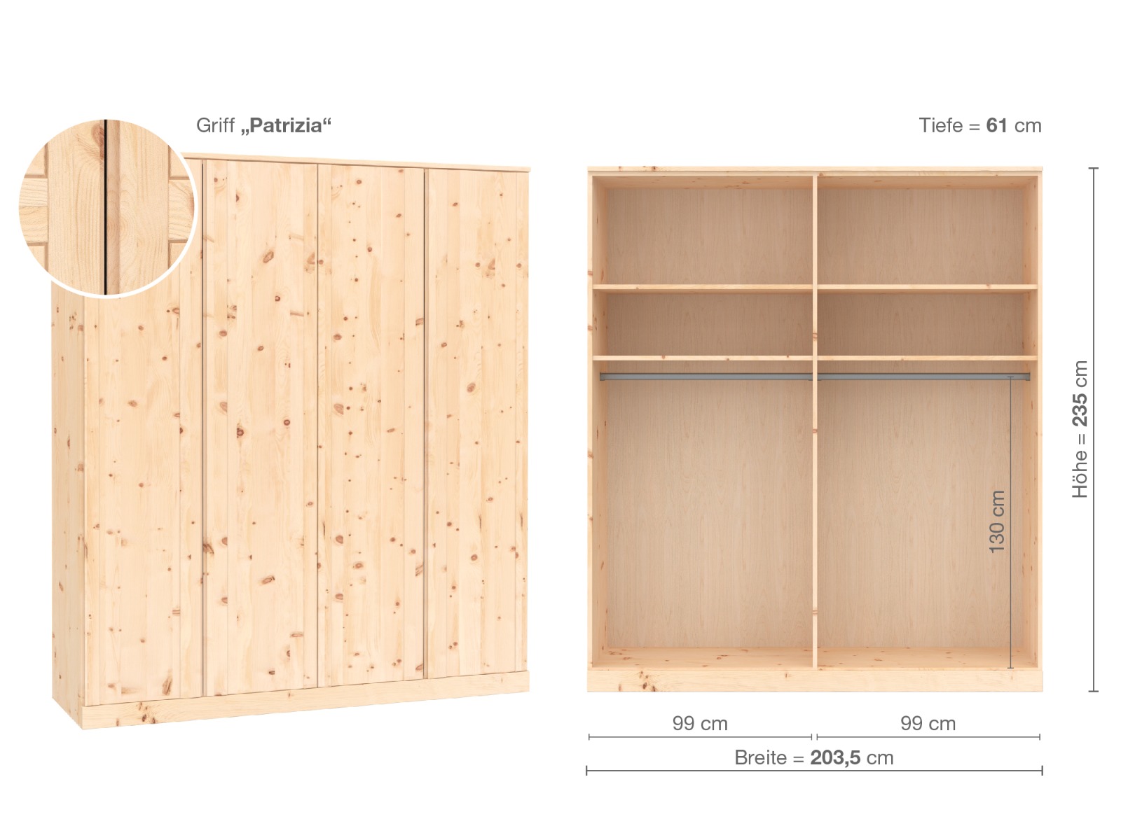 Zirbenschrank „Arnika“, 4-türig, Höhe 235 cm, Griffausführung „Patrizia“, Inneneinrichtung A