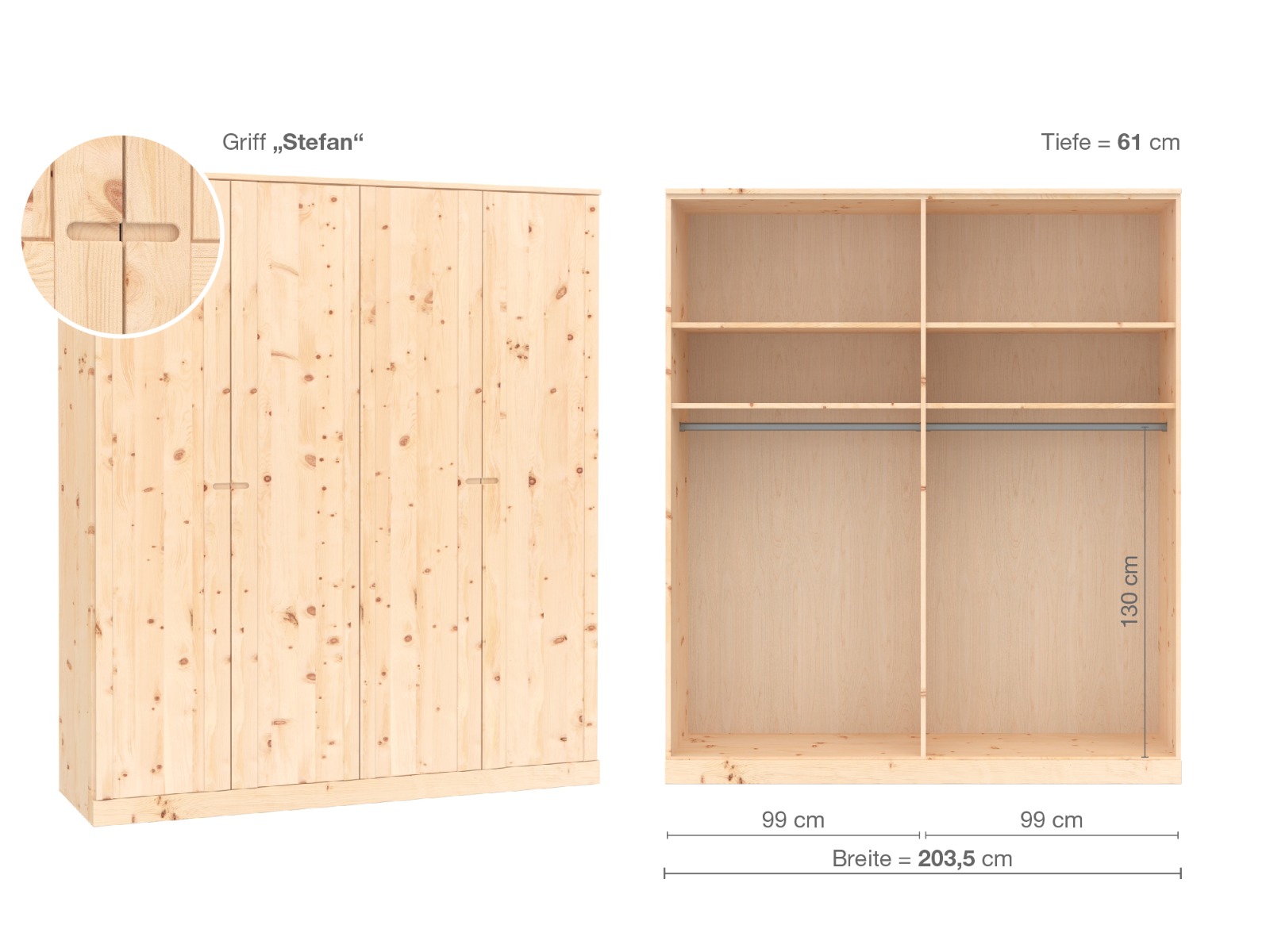 Zirbenschrank „Arnika“, 4-türig, Höhe 235 cm, Griffausführung „Stefan“, Inneneinrichtung A