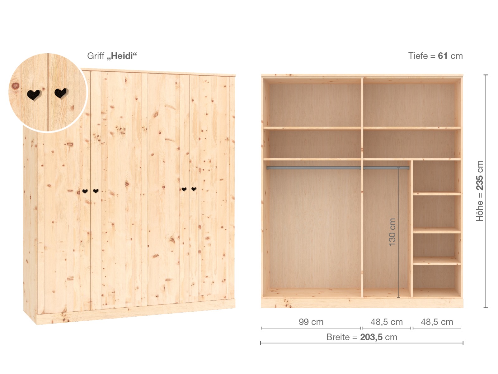 Zirbenschrank „Arnika“, 4-türig, Höhe 235 cm, Griffausführung „Heidi“, Inneneinrichtung B