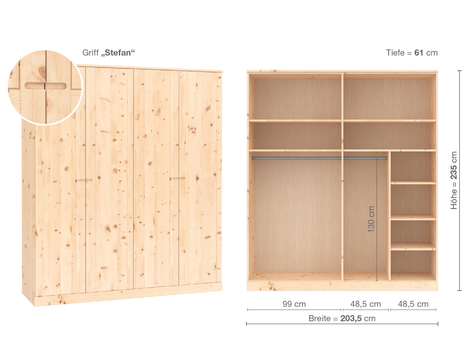 Zirbenschrank „Arnika“, 4-türig, Höhe 235 cm, Griffausführung „Stefan“, Inneneinrichtung B