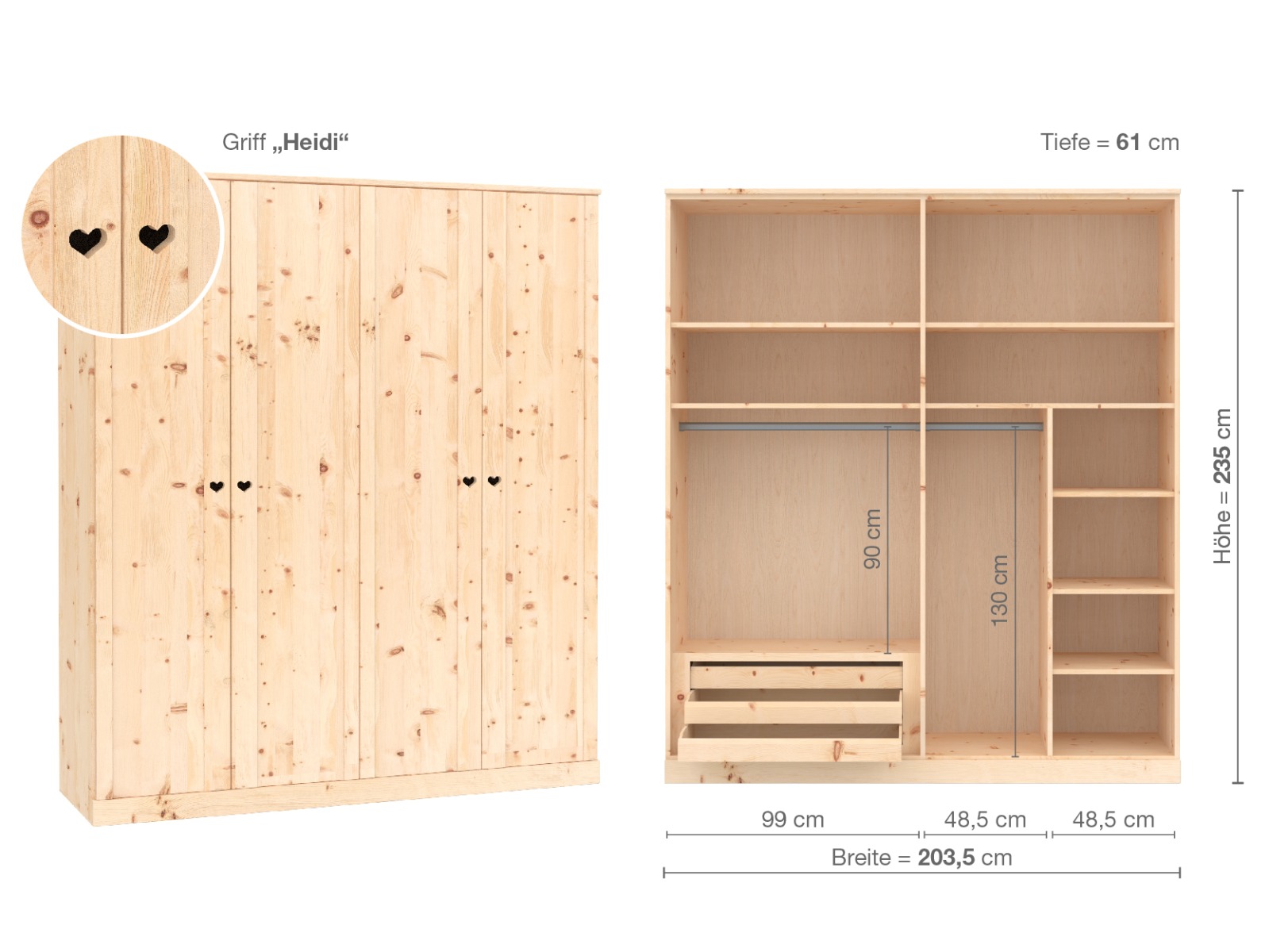 Zirbenschrank „Arnika“, 4-türig, Höhe 235 cm, Griffausführung „Heidi“, Inneneinrichtung C