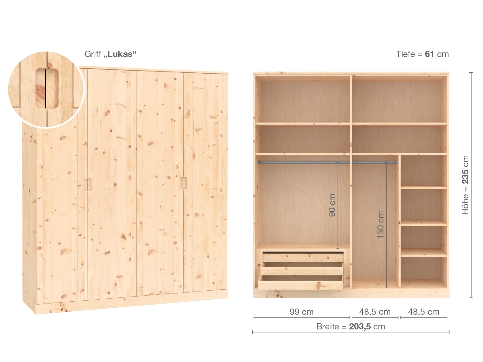 Zirbenschrank „Arnika“, 4-türig, Höhe 235 cm, Griffausführung „Lukas“, Inneneinrichtung C