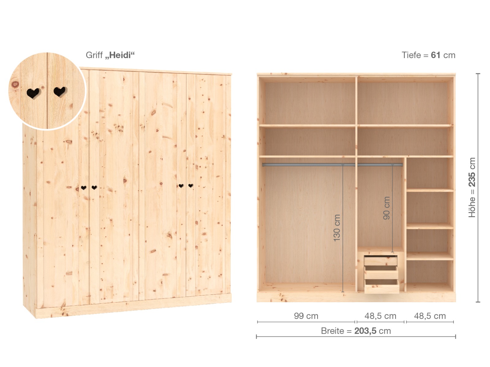 Zirbenschrank „Arnika“, 4-türig, Höhe 235 cm, Griffausführung „Heidi“, Inneneinrichtung D