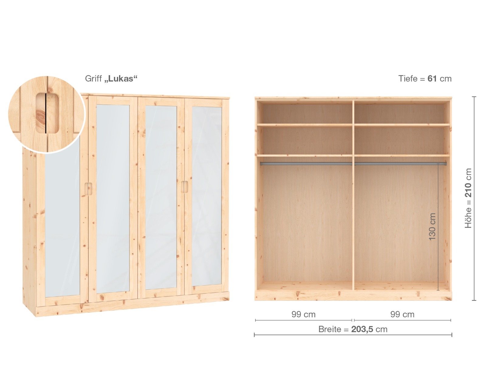 Zirbenschrank „Alpenrose“, 4-türig, Höhe 210 cm, Griffausführung „Lukas“, Inneneinrichtung  A