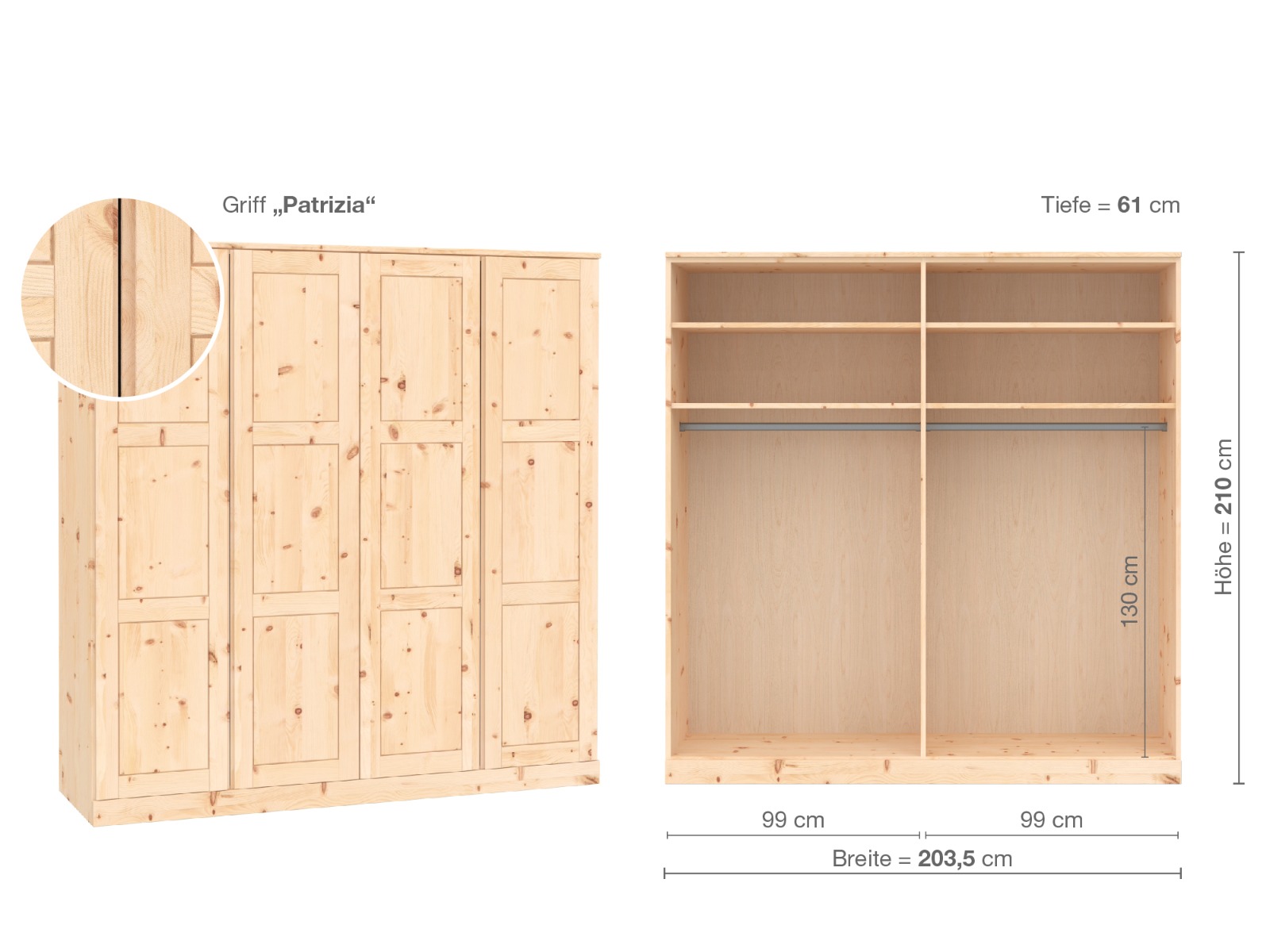 Zirbenschrank „Enzian“, 4-türig, Höhe 210 cm, Griffausführung „Patrizia“, Inneneinrichtung A