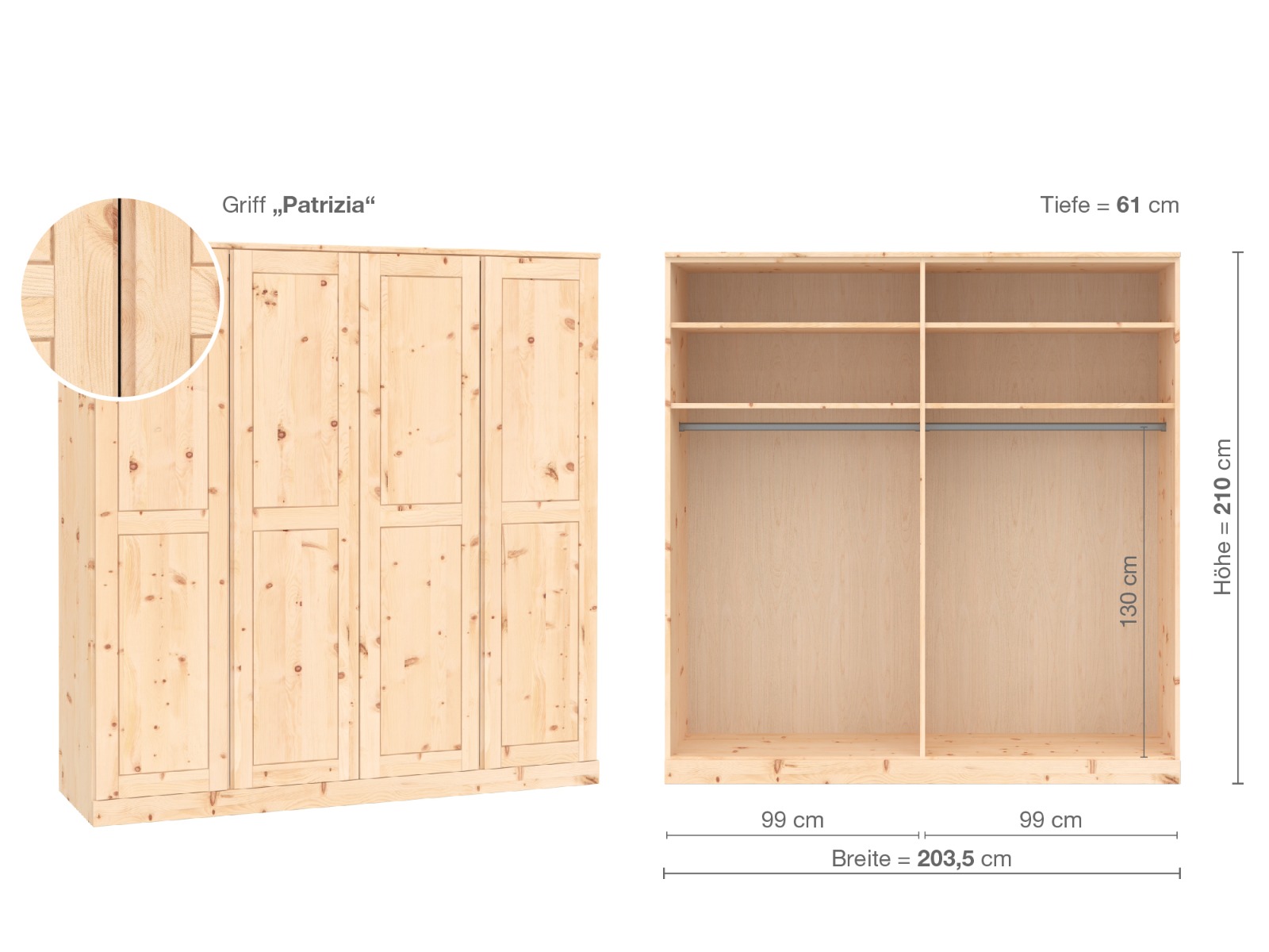 Zirbenschrank „Edelweiß“, 4-türig, Höhe 210 cm, Griffausführung „Patrizia“, Inneneinrichtung A