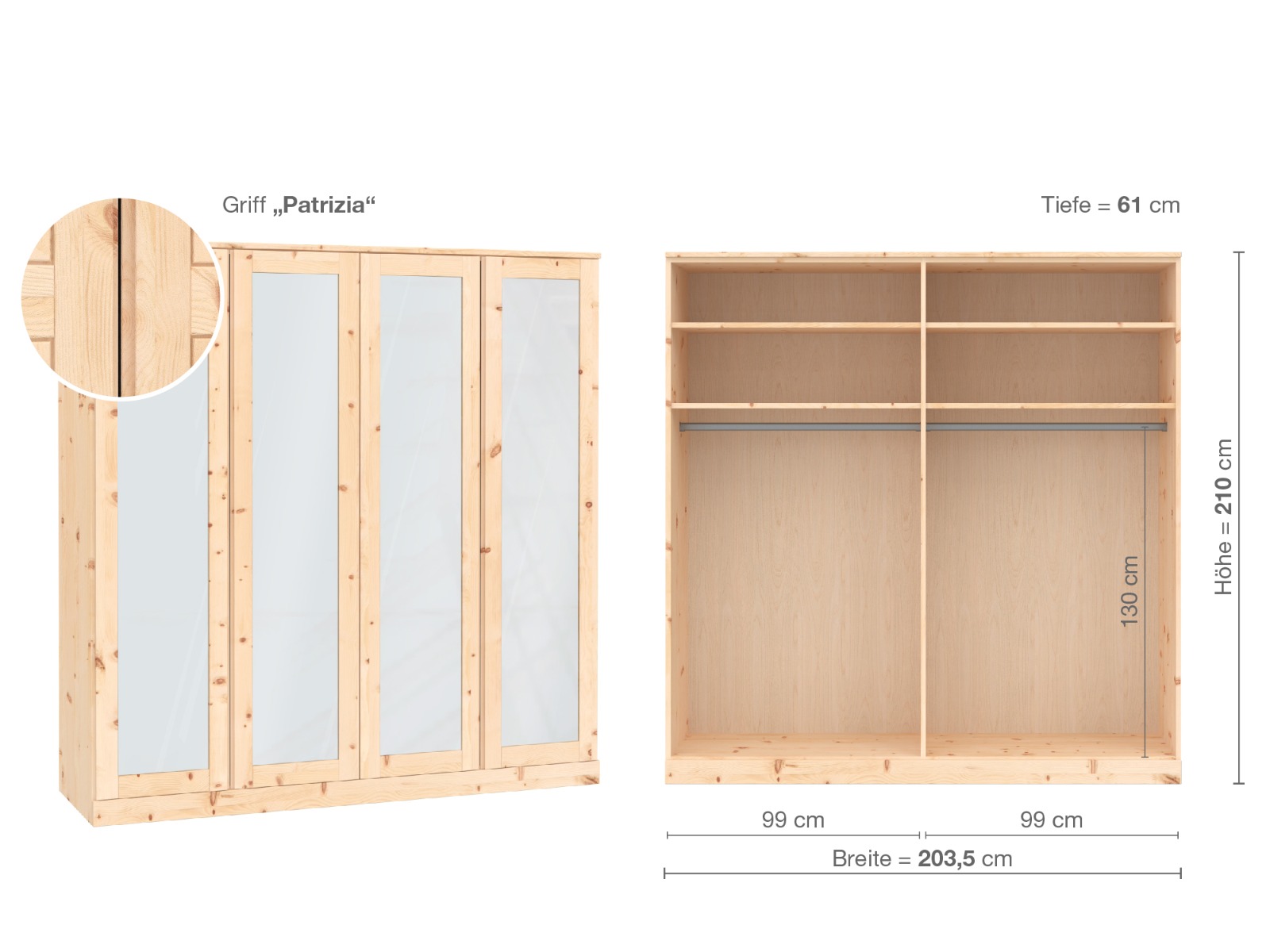 Zirbenschrank „Alpenrose“, 4-türig, Höhe 210 cm, Griffausführung „Patrizia“, Inneneinrichtung  A