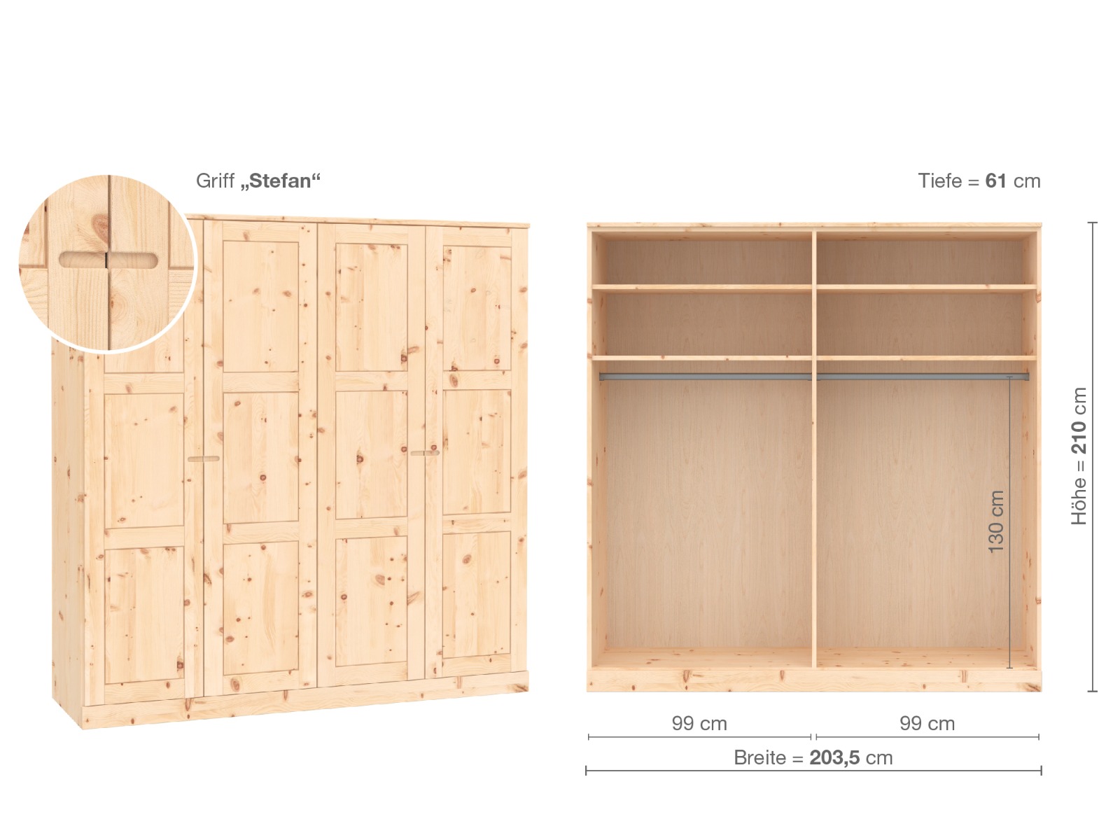 Zirbenschrank „Enzian“, 4-türig, Höhe 210 cm, Griffausführung „Stefan“, Inneneinrichtung A