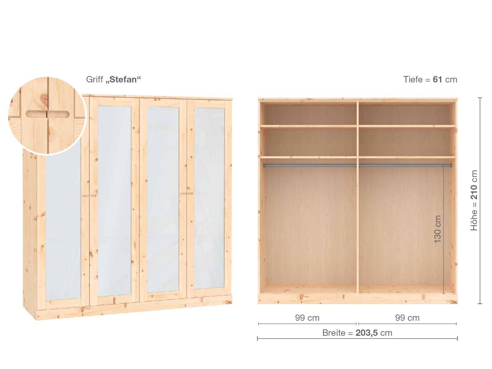 Zirbenschrank „Alpenrose“, 4-türig, Höhe 210 cm, Griffausführung „Stefan“, Inneneinrichtung  A