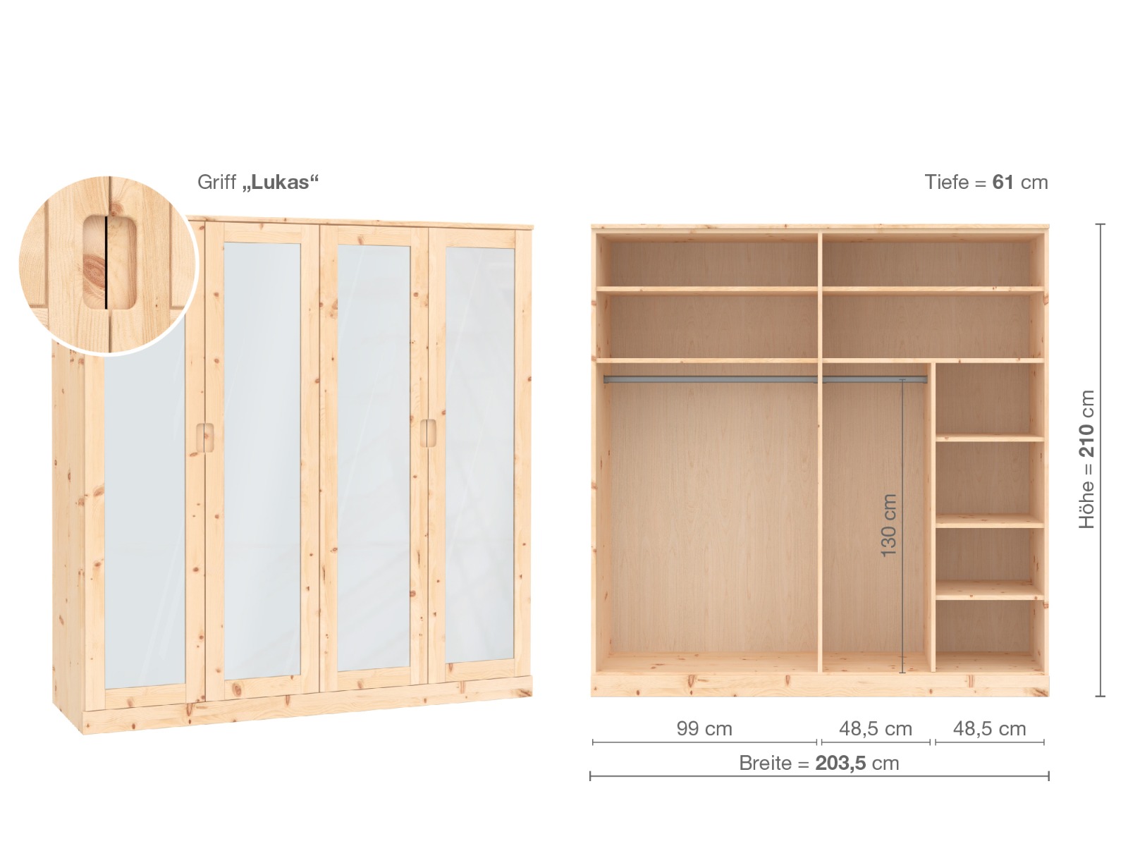 Zirbenschrank „Alpenrose“, 4-türig, Höhe 210 cm, Griffausführung „Lukas“, Inneneinrichtung  B