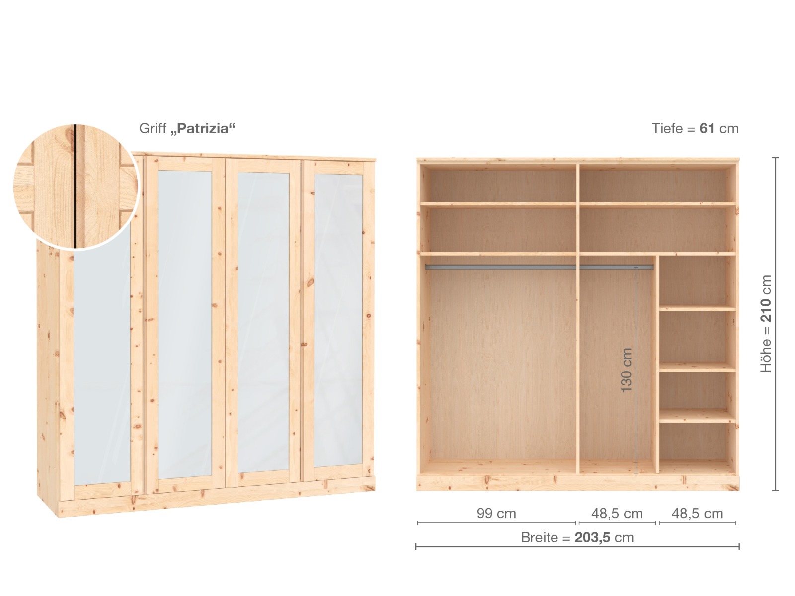 Zirbenschrank „Alpenrose“, 4-türig, Höhe 210 cm, Griffausführung „Patrizia“, Inneneinrichtung  B