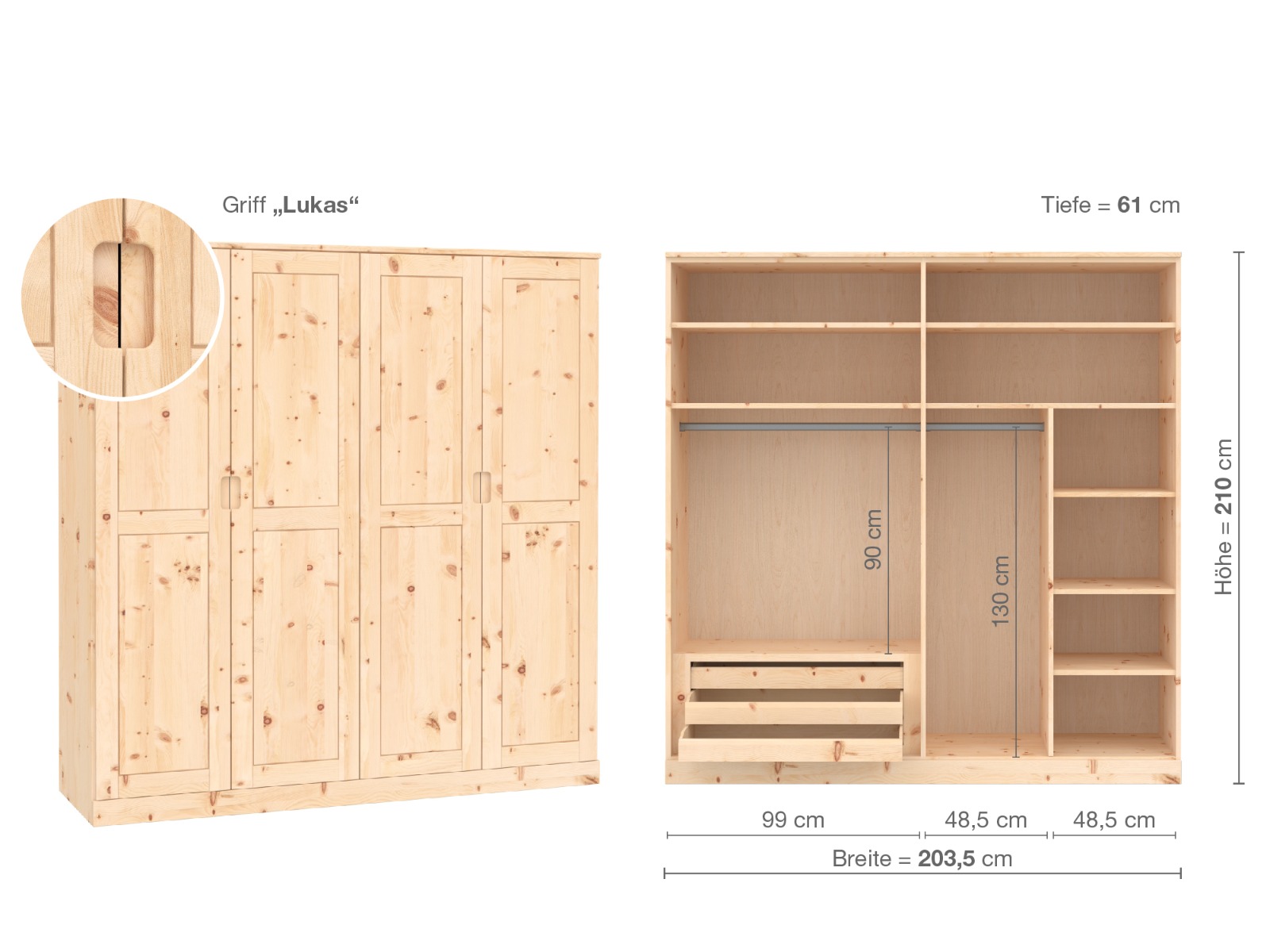 Zirbenschrank „Edelweiß“, 4-türig, Höhe 210 cm, Griffausführung „Lukas“, Inneneinrichtung C