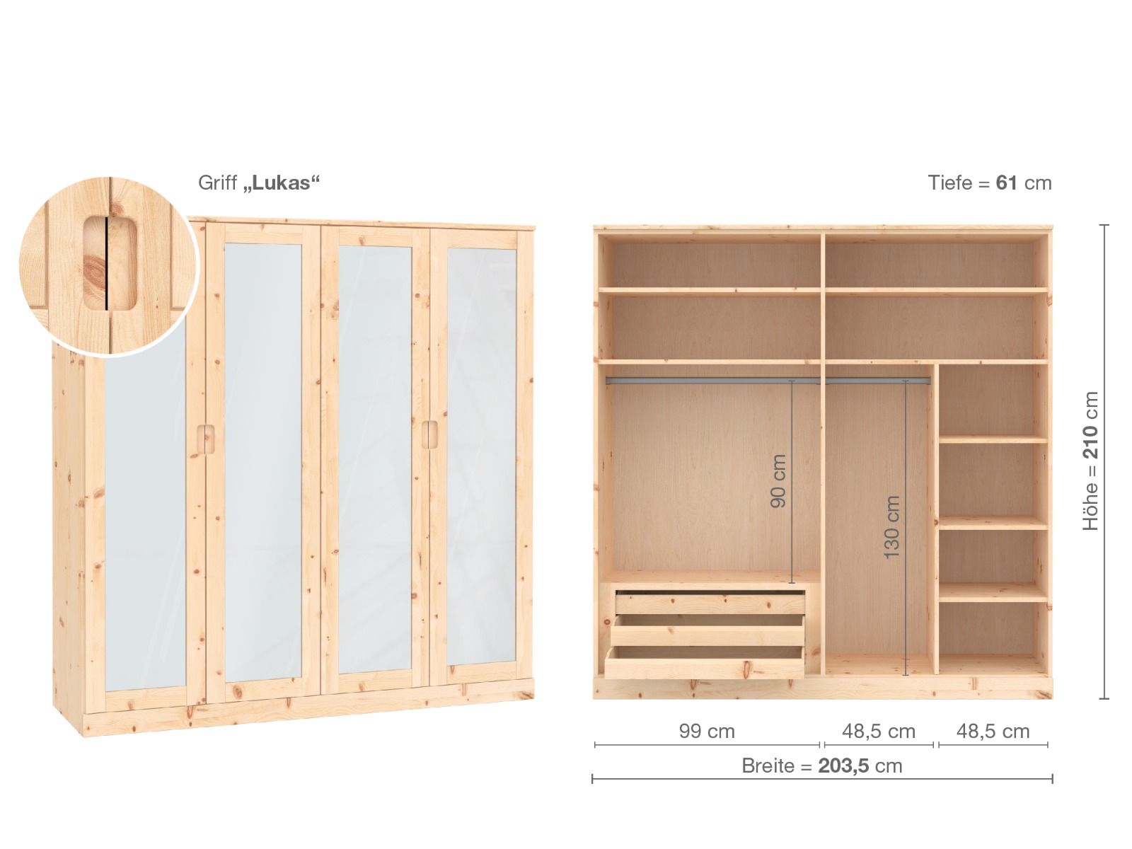 Zirbenschrank „Alpenrose“, 4-türig, Höhe 210 cm, Griffausführung „Lukas“, Inneneinrichtung  C