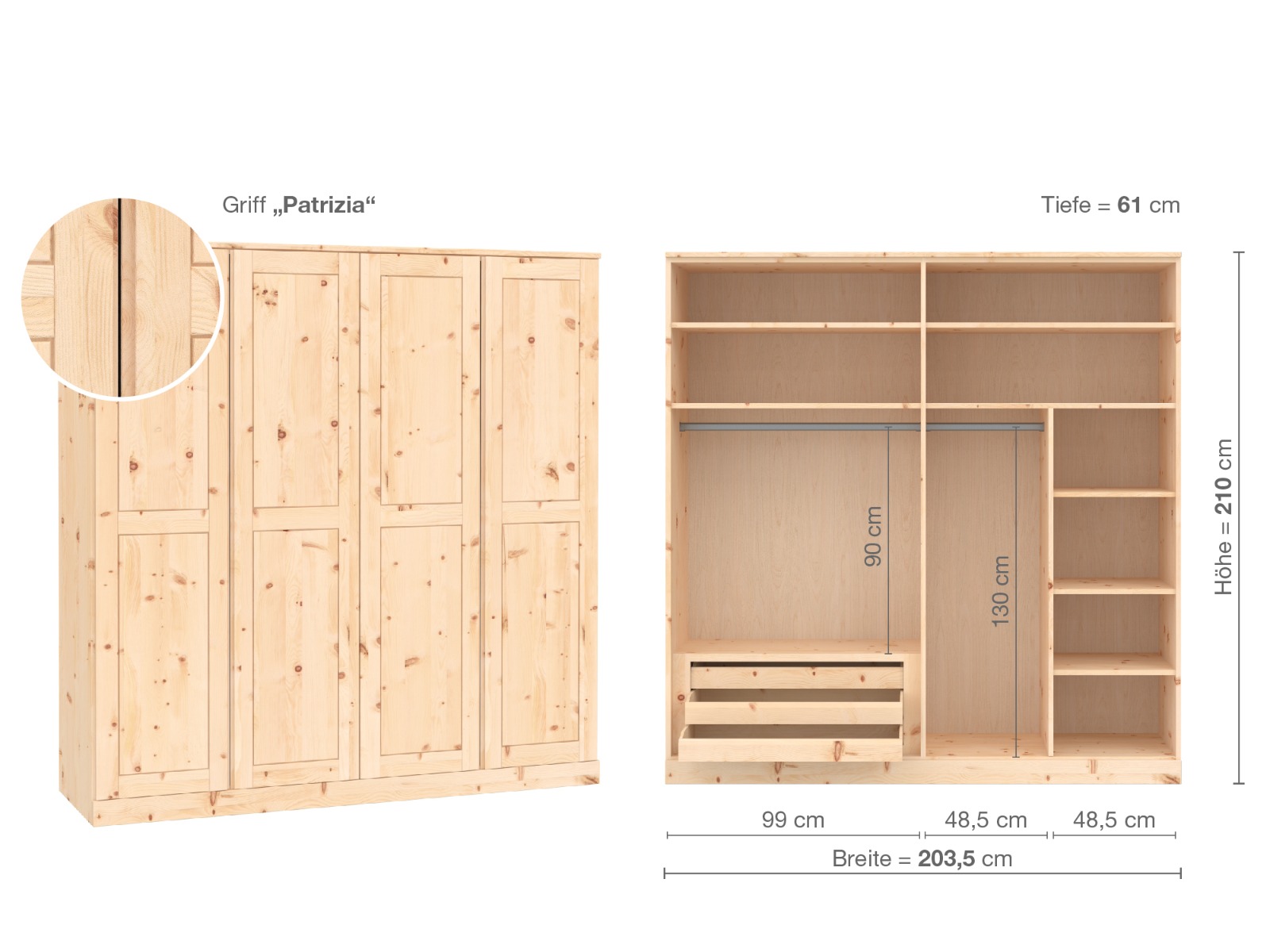 Zirbenschrank „Edelweiß“, 4-türig, Höhe 210 cm, Griffausführung „Patrizia“, Inneneinrichtung C