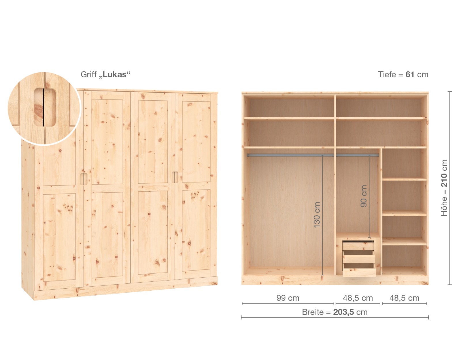 Zirbenschrank „Edelweiß“, 4-türig, Höhe 210 cm, Griffausführung „Lukas“, Inneneinrichtung D