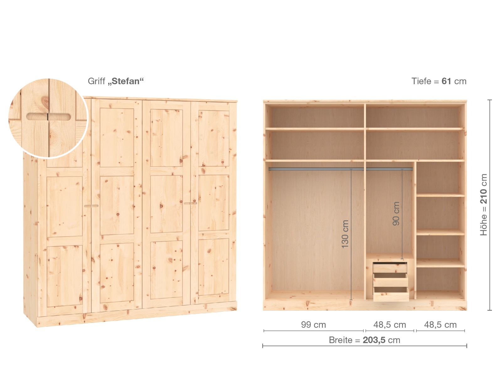 Zirbenschrank „Enzian“, 4-türig, Höhe 210 cm, Griffausführung „Stefan“, Inneneinrichtung D