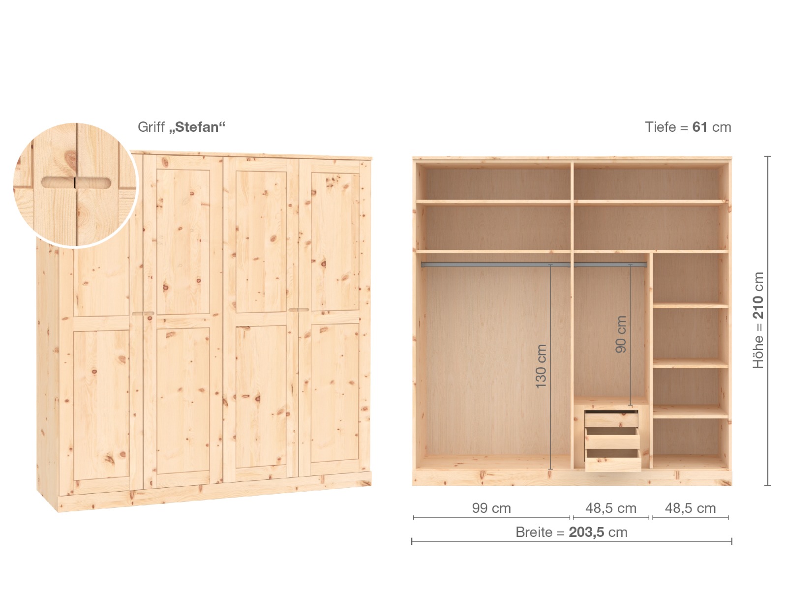 Zirbenschrank „Edelweiß“, 4-türig, Höhe 210 cm, Griffausführung „Stefan“, Inneneinrichtung D