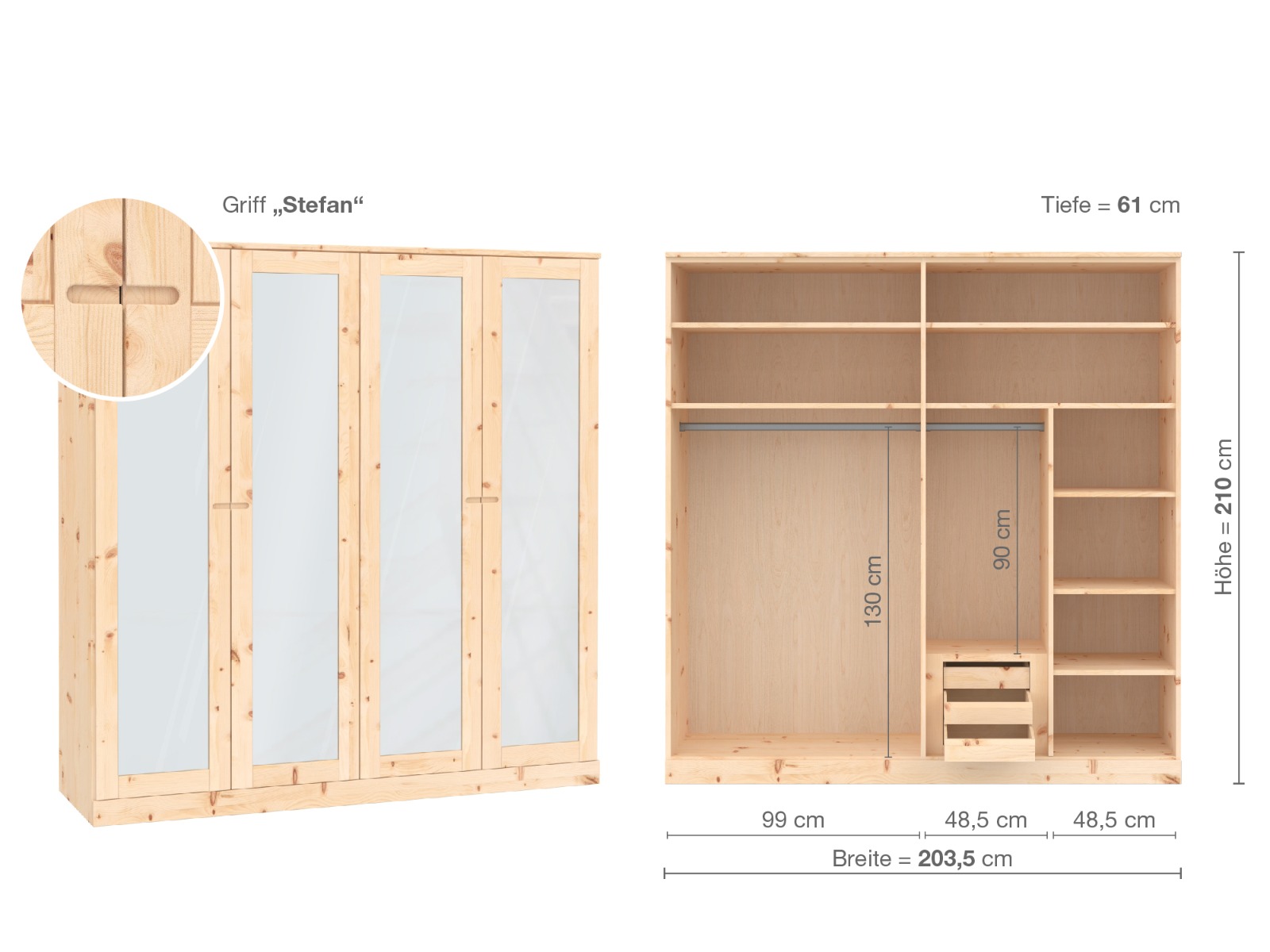 Zirbenschrank „Alpenrose“, 4-türig, Höhe 210 cm, Griffausführung „Stefan“, Inneneinrichtung  D