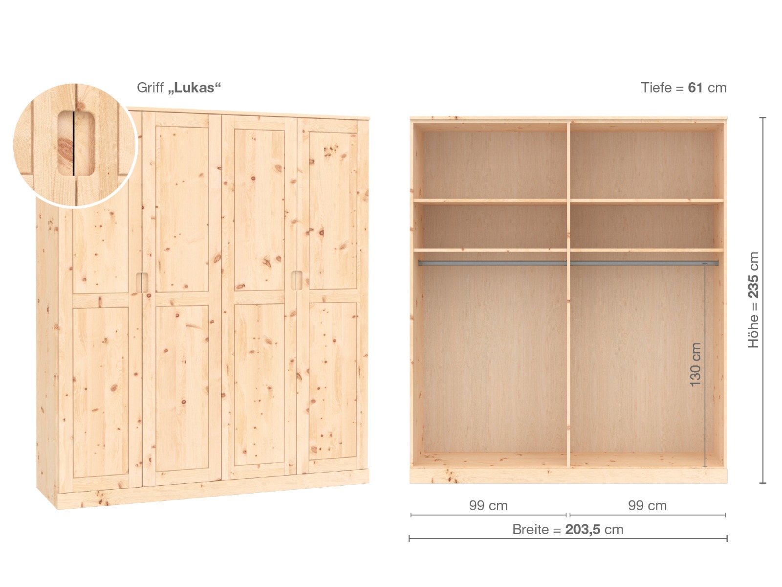 Zirbenschrank „Edelweiß“, 4-türig, Höhe 235 cm, Griffausführung „Lukas“, Inneneinrichtung A