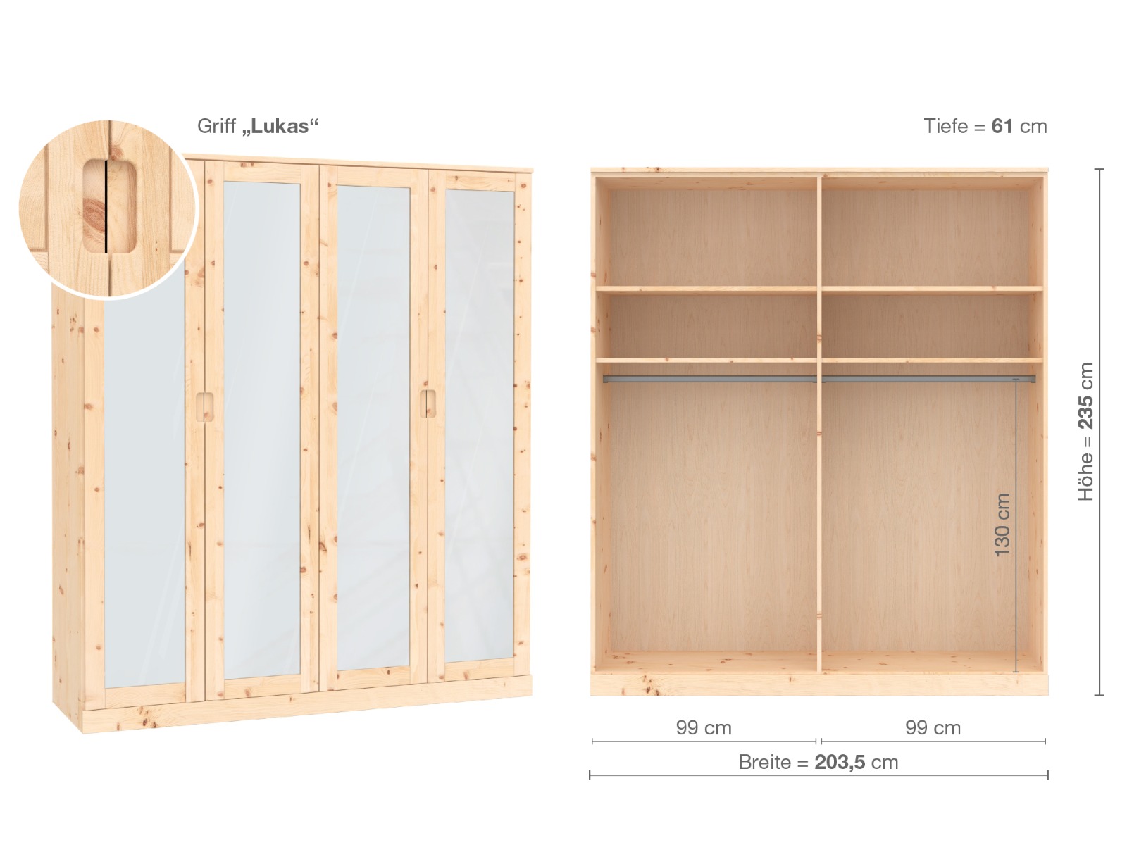 Zirbenschrank „Alpenrose“, 4-türig, Höhe 235 ​cm, Griffausführung „Lukas“, Inneneinrichtung  A