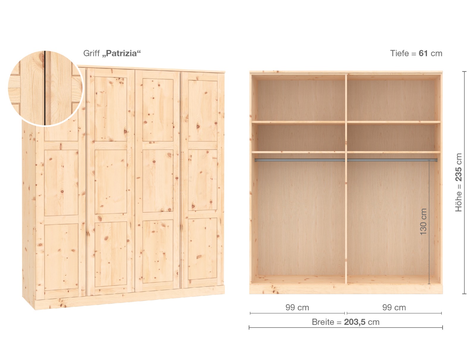 Zirbenschrank „Enzian“, 4-türig, Höhe 235 cm, Griffausführung „Patrizia“, Inneneinrichtung A