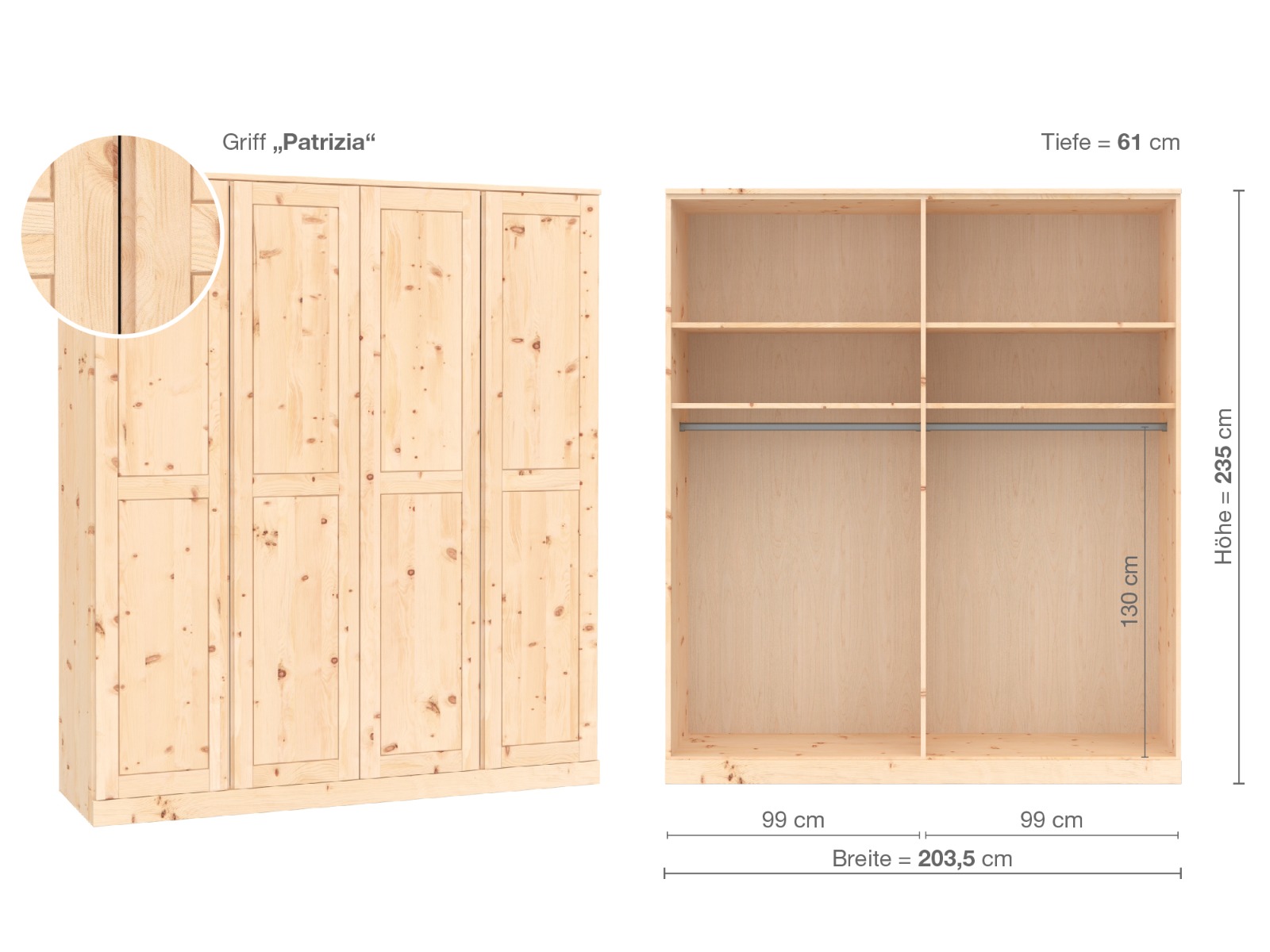 Zirbenschrank „Edelweiß“, 4-türig, Höhe 235 cm, Griffausführung „Patrizia“, Inneneinrichtung A