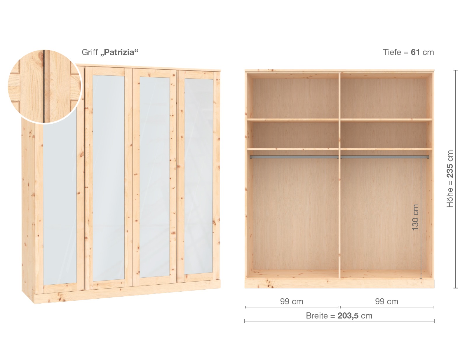 Zirbenschrank „Alpenrose“, 4-türig, Höhe 235 cm, Griffausführung „Patrizia“, Inneneinrichtung  A