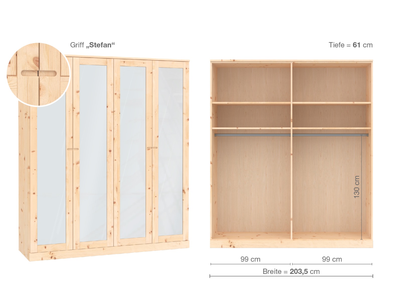 Zirbenschrank „Alpenrose“, 4-türig, Höhe 235 cm, Griffausführung „Stefan“, Inneneinrichtung  A