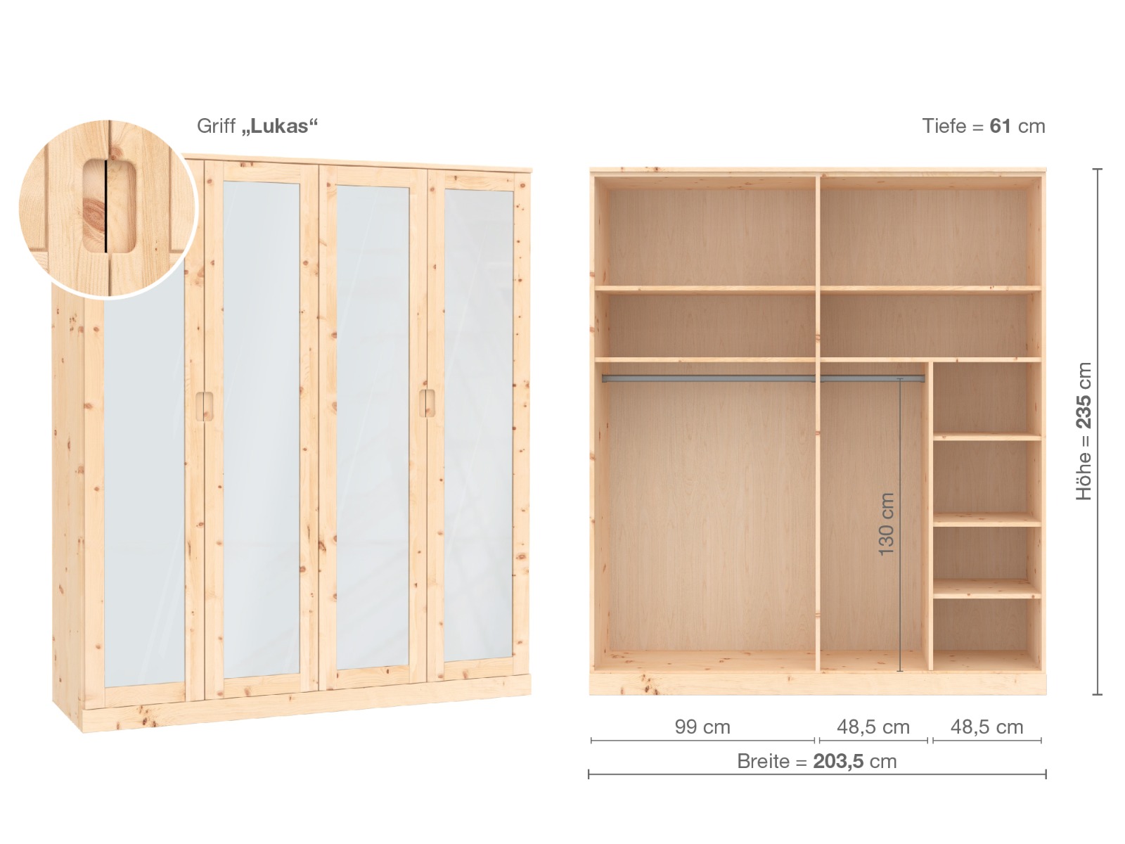 Zirbenschrank „Alpenrose“, 4-türig, Höhe 235 cm, Griffausführung „Lukas“, Inneneinrichtung  B