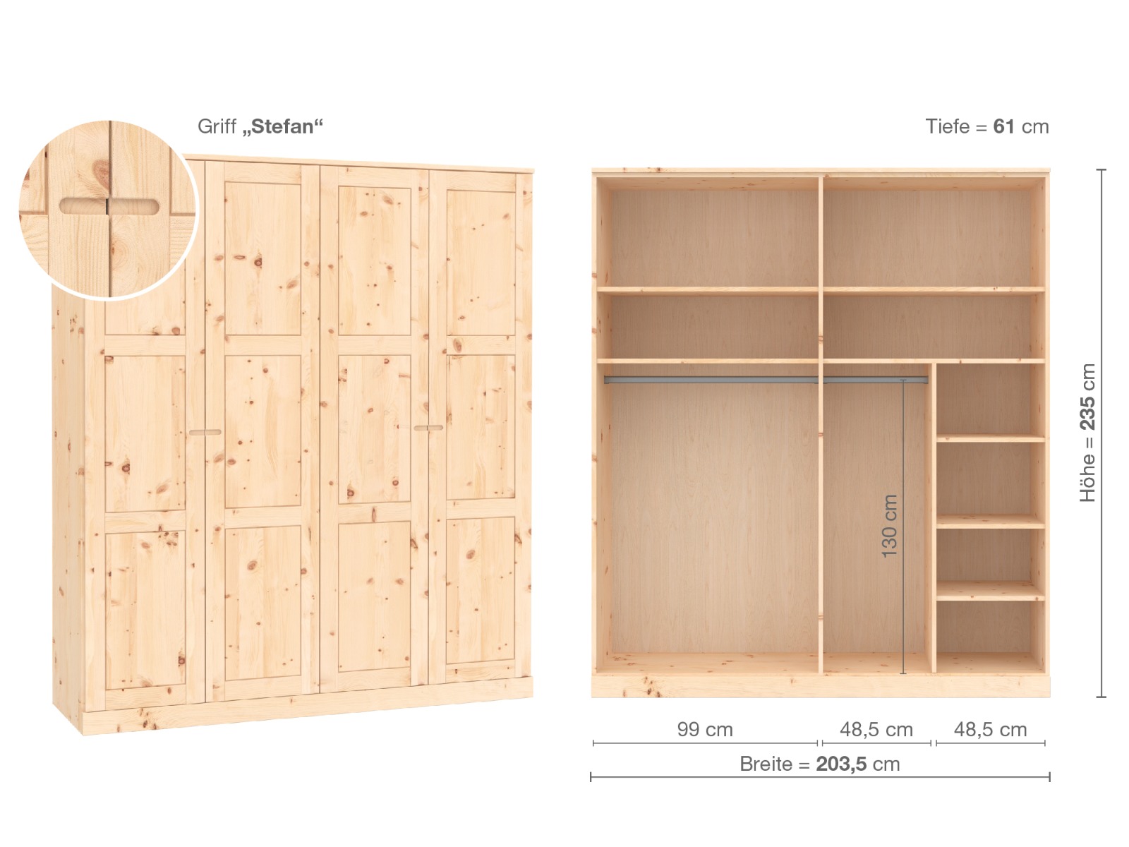 Zirbenschrank „Enzian“, 4-türig, Höhe 235 cm, Griffausführung „Stefan“, Inneneinrichtung B